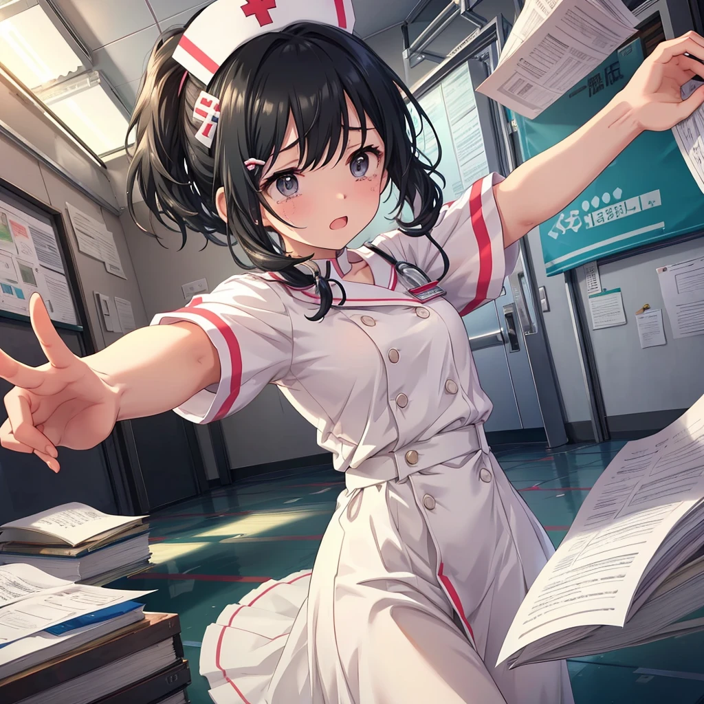  cute nurse dives horizontally on the hospital floor, exaggerated crying face , Black Hair ,Hairstyle Summary, pop angel mark hair clip ,Intense movement,Scattered documents,Scattered documents,Documents dancing in the air 