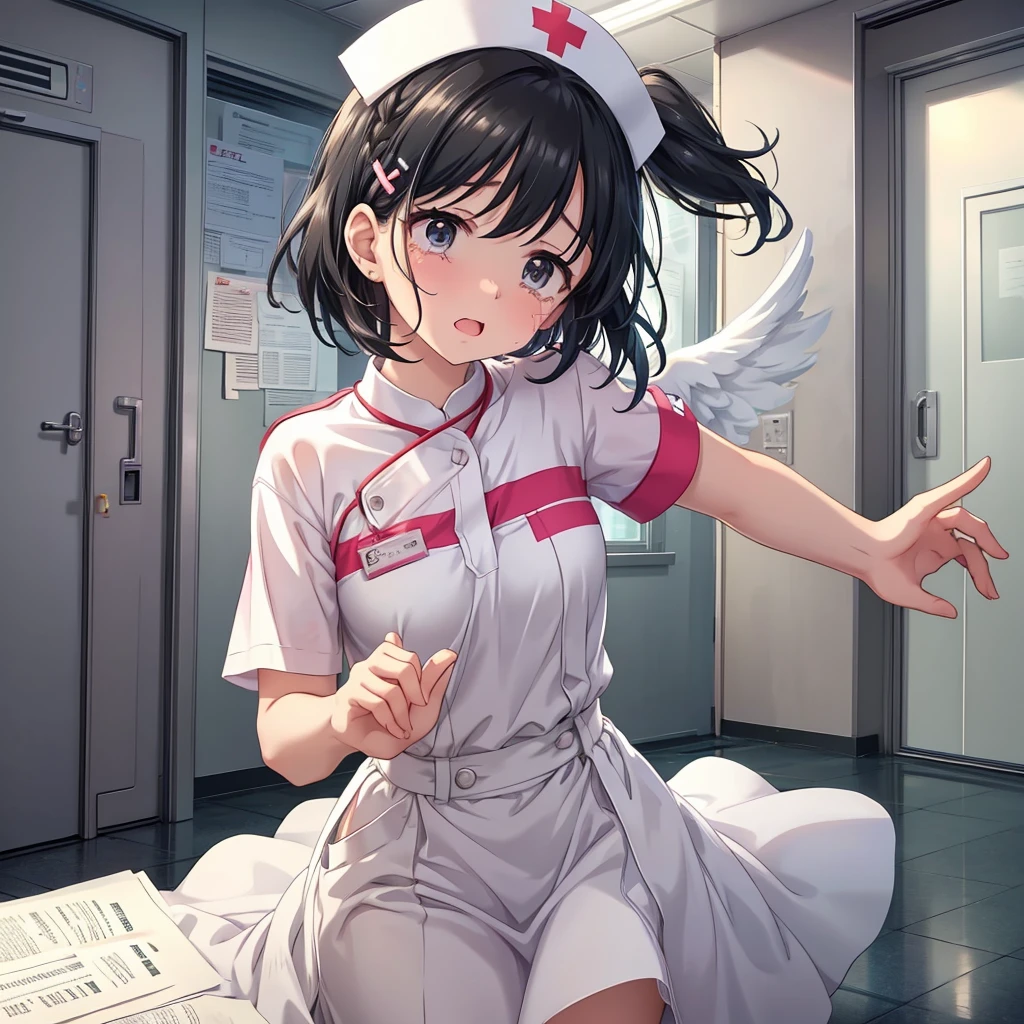  cute nurse dives horizontally on the hospital floor, exaggerated crying face , Black Hair ,Hairstyle Summary, pop angel mark hair clip ,Intense movement,Scattered documents,Scattered documents,Documents dancing in the air 