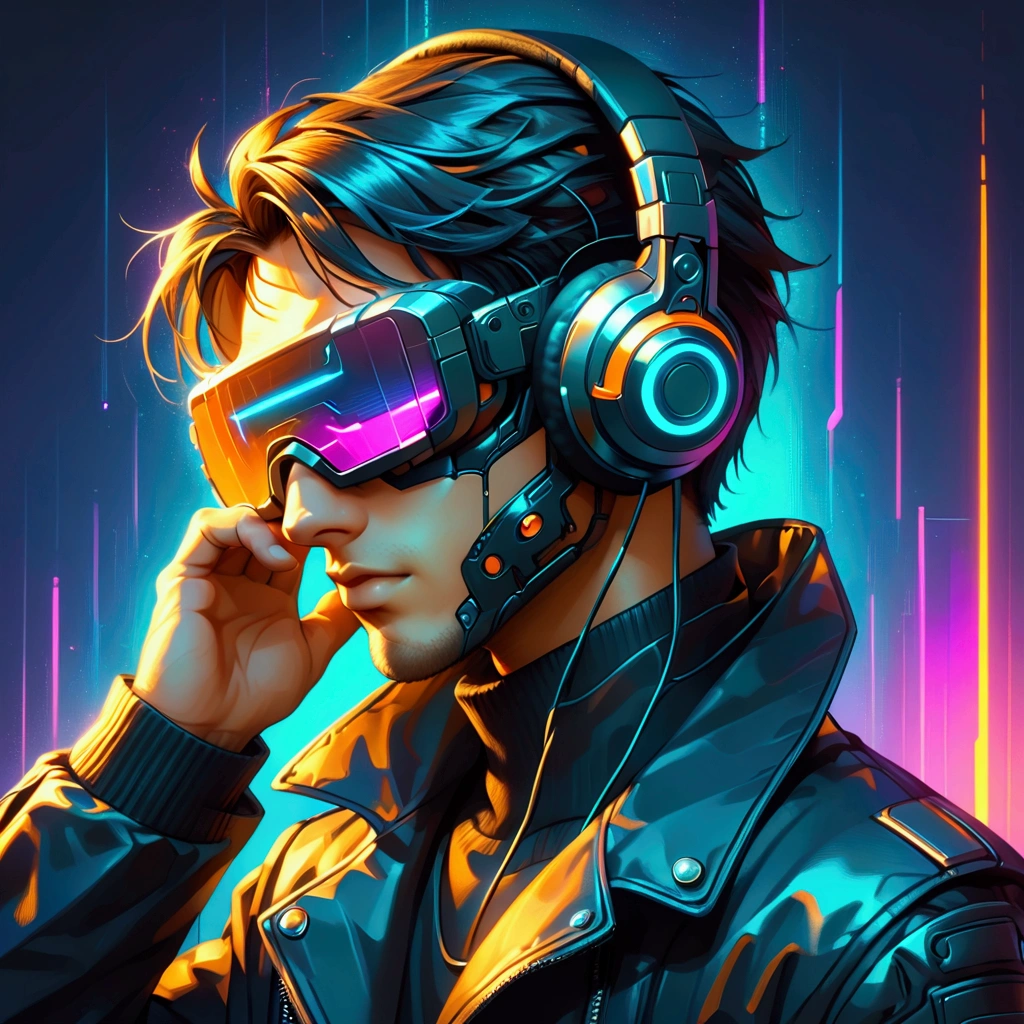 close-up, semi-lateral view, perfect head and face, a man from the future with synthwave style, (male), cyber punk style, ((He wears a futuristic high-necked black jacket with LED lights)), ((without helmet)), ((using headphones listening to music, covering their eyes with futuristic black virtual reality glasses)), One hand on the headphones, with very realistic textures and colors, minimalist, futuristic, with neon light rays and purple lights behind with orange sparkles, ((black background with dark blue and purple gradient)), lights and rays behind, flat illustration, minimalism, simplified, cartoon,