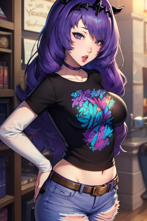 defCamilla, tiara, purple hair, 1girl, solo, standing, black t-shirt, white shirt, blue jeans, belt, lipstick, large breasts