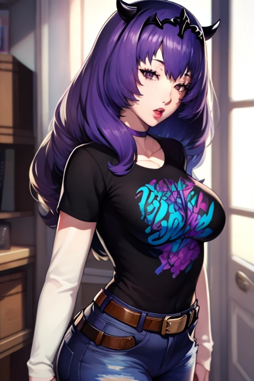 defCamilla, tiara, purple hair, 1girl, solo, standing, black t-shirt, white shirt, blue jeans, belt, lipstick, large breasts