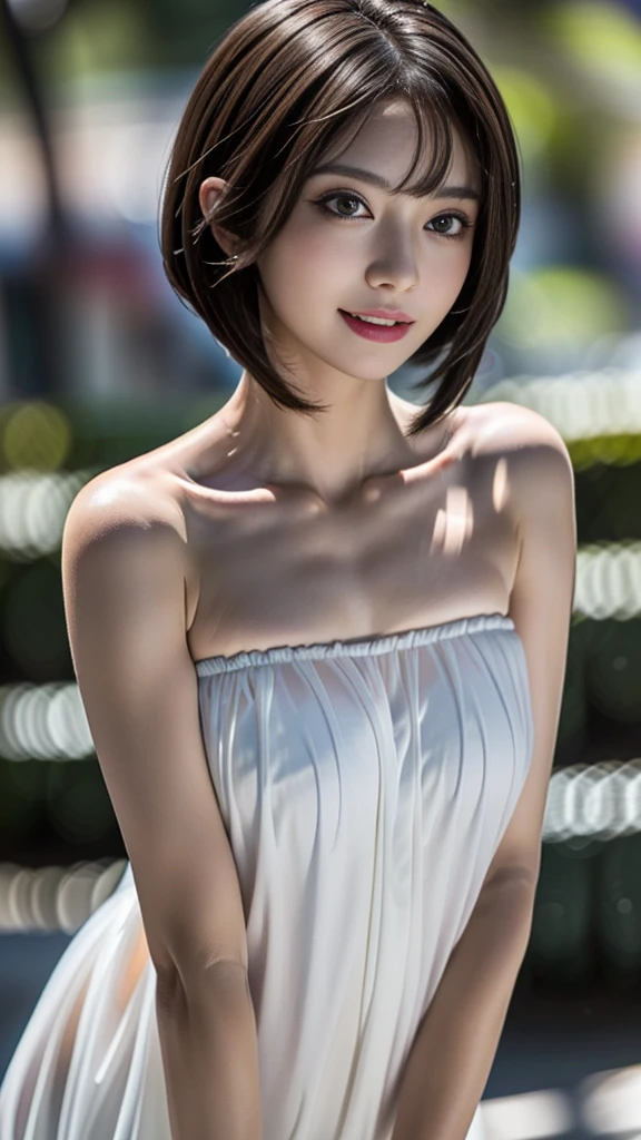 masterpiece,  beautiful girl , Brown eyes、A beautiful,  goddess smile 、((Brighten your face:1.5)、((No underwear:1.9))、Show your armpits:1.4、 detailed ,  beautiful eyes , ( wear revealing clothes , thin, transparent,  strapless camisole :1.7)、( short brown bob hairstyle :1.5)、 highest quality, Ultra A HD, (Reality: 1.4), Original photo, A girl,  cinematic lighting , (laughter:0.6),  Japanese, Asian beauty, South Korea, Appropriate, Really beautiful ,  slightly younger look ,  beautiful skin,Orange Hair、 slim，Small breasts, Wear a  strapless camisole  that flatters yougure:1.6、Night scene background, (超Reality), ( Raise Awareness ), ( High Resolution ), (8K), (Very  detailed ), (The best  Raise Awareness ns), (Beautiful and  detailed  eyes), (Super  detailed ), (wallpaper), ( detailed  face),   and look at the audience ,  detailed ,  detailed  face、Deep Shadows、Unobtrusive、 pure face ace _v1、46 point diagonal bangs 、 Look straight ahead 、 I can see her small  , Brown eyes、