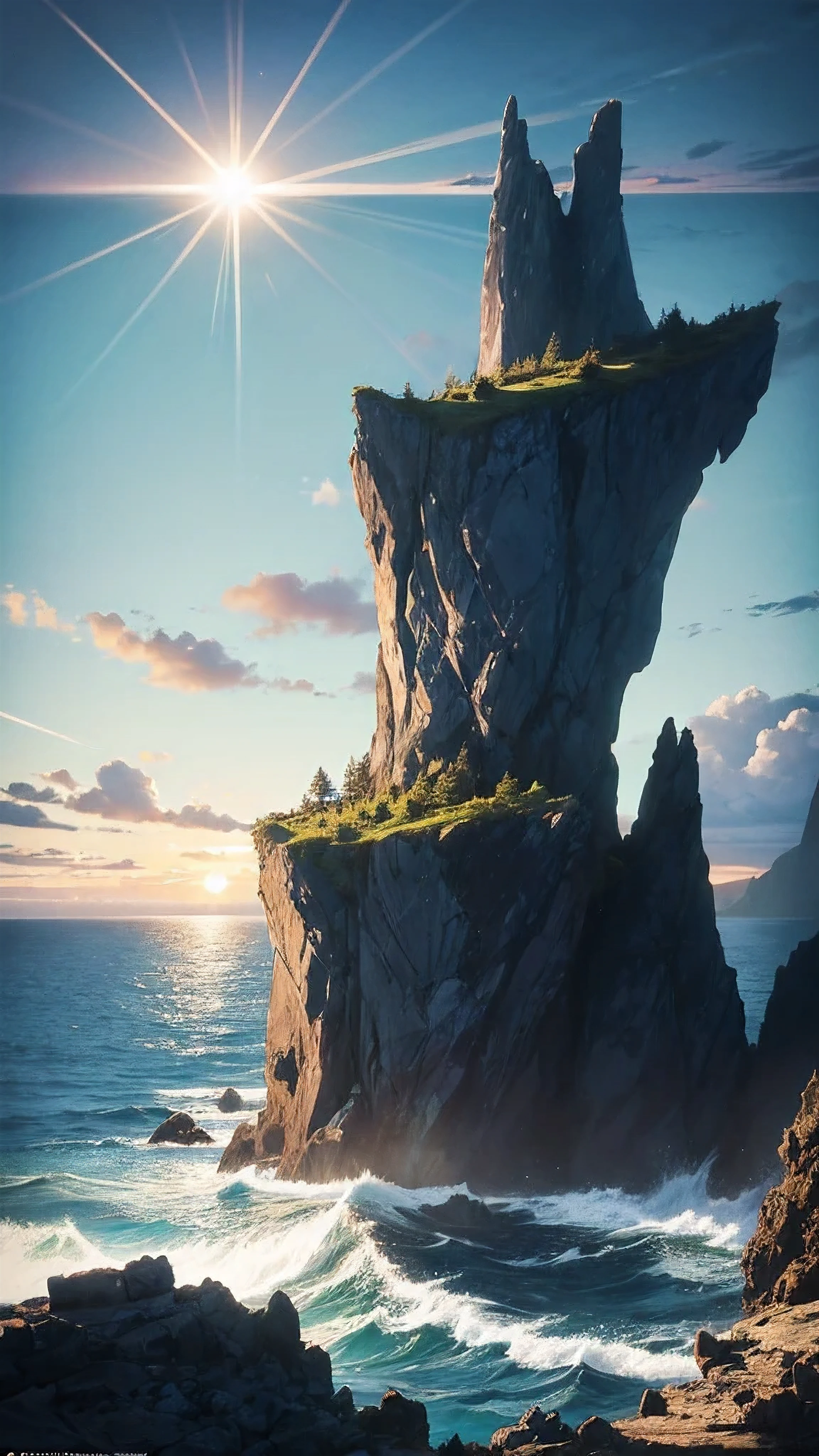 a magical scene.
A rocky coastline .
A raging sea with bioluminescent algae.
Blue sky and blazing sun, Cintilante, bright.
A ship far away on the horizon .
vivid colors.