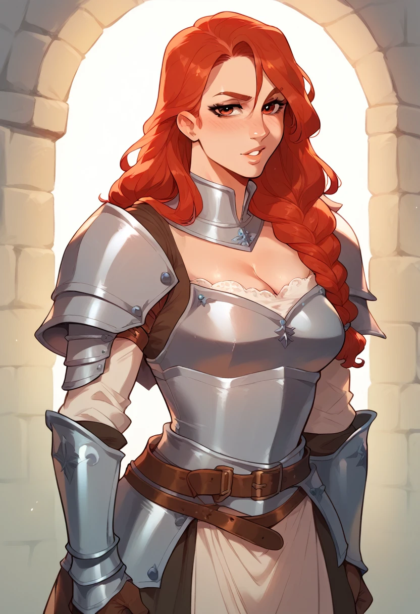 A young medieval style warrior, red hair, sexy body, armor, costume,
