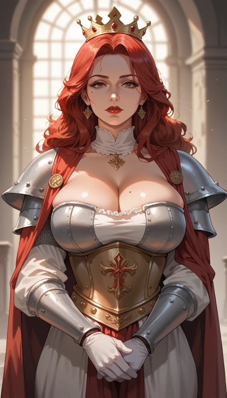 A young medieval style warrior, red hair, sexy body, armor, costume, Hyper realistic, grandmother, gilf, mature female, perfect face, perfect lighting, sexy lips, sexy female, closed mouth, beauty mark, cleavage, huge , large breasts, red lips, red hair, queen, crown,
