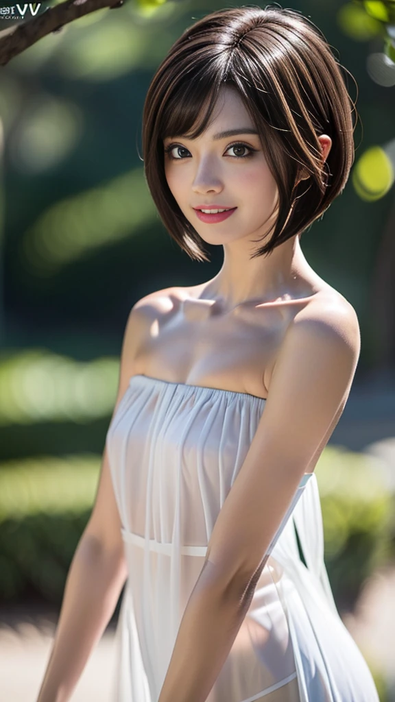 masterpiece,  beautiful girl , Brown eyes、A beautiful,  goddess smile 、((Brighten your face:1.5)、((No underwear:1.9))、 detailed ,  beautiful eyes , ( wear revealing clothes , thin, transparent,  strapless camisole :1.7)、( short brown bob hairstyle :1.5)、 highest quality, Ultra A HD, (Reality: 1.4), Original photo, A girl,  cinematic lighting , (laughter:0.6),  Japanese, Asian beauty, South Korea, Appropriate, Really beautiful ,  slightly younger look ,  beautiful skin,Orange Hair、 slim，Small breasts, Wear a  strapless camisole  that flatters yougure:1.6、Night scene background, (超Reality), ( Raise Awareness ), ( High Resolution ), (8K), (Very  detailed ), (The best  Raise Awareness ns), (Beautiful and  detailed  eyes), (Super  detailed ), (wallpaper), ( detailed  face),   and look at the audience ,  detailed ,  detailed  face、Deep Shadows、Unobtrusive、 pure face ace _v1、46 point diagonal bangs 、 Look straight ahead 、 I can see her small  , Flat chest、Brown eyes、