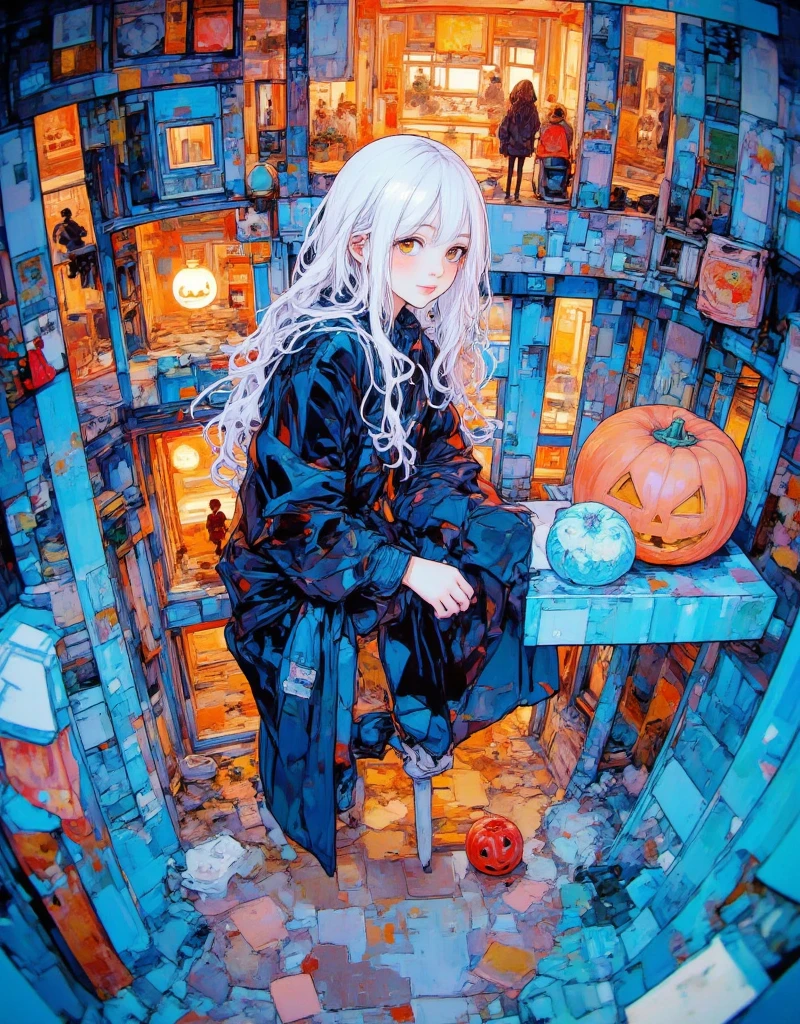 painting of a cute girl sitting on a blue chair waiting for halloween, aesthetic girl,  digital painting of halloween, elegant , in a oil painting style, in a painting of a white hair girl, high quality digital painting, elegant digital painting, cute portrait, painting of a girl, painting of beautiful,digital art oil painting, Japanese style castle interior, , Jack-o'-lantern, shuriken, complex structure, ,Giant slug,epic battle,Stairs, ladders, and trick castles, ground-level shot, wide shot, long shot,fluorescent colors,neon colors,blacklight painting,Focus on the soles of shoes ,vibrant neo-traditional, in the style of distorted, structural,flat color, limited palette, ligne claire, surreal, wide shot, fisheye, ,pure white hair, longest hair, abnormally long wavy hair, side hair, side curls, hair between the eyes, golden eyes, black color fashion outfit, Black Mantle,halloween,