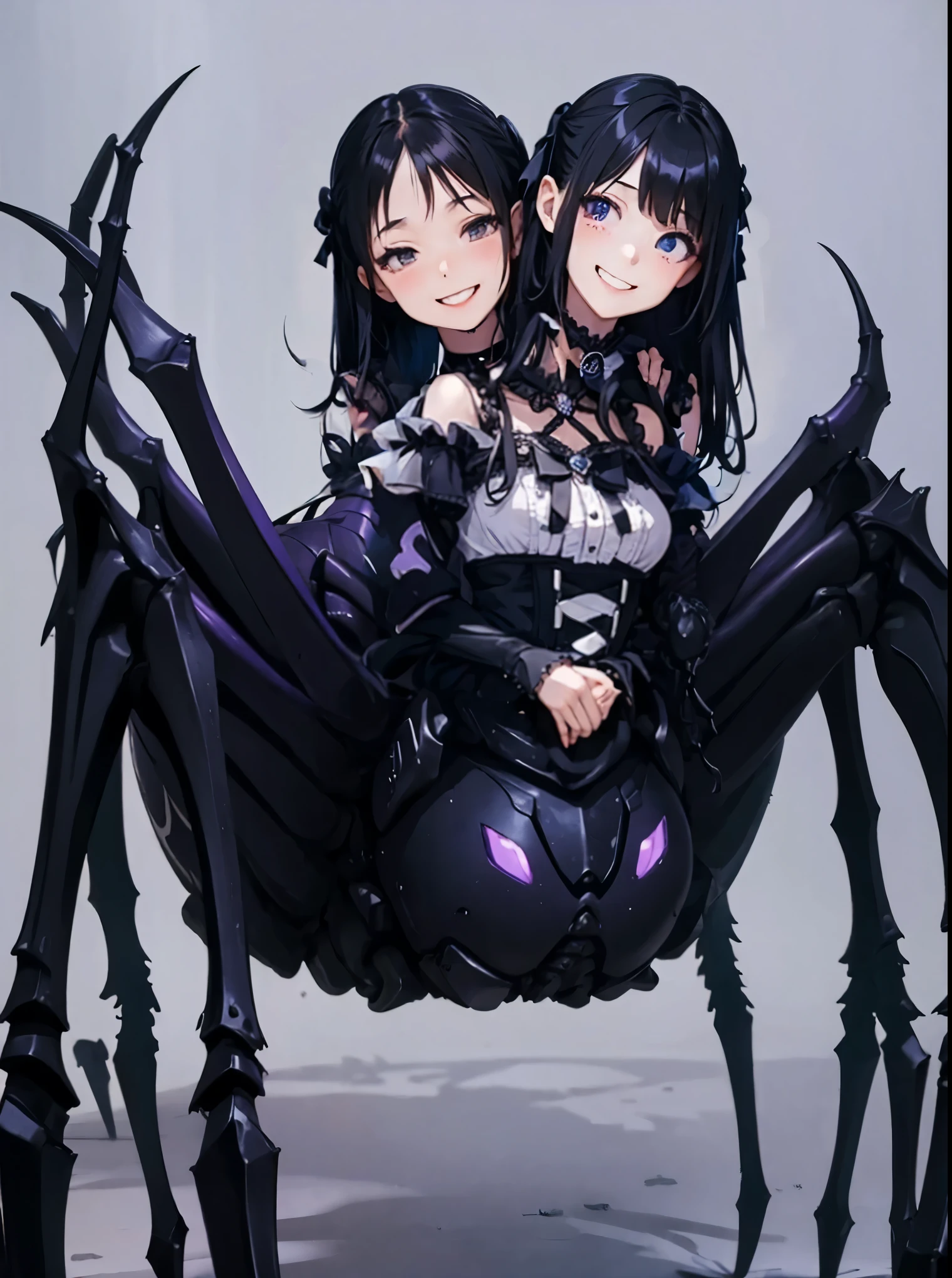 Arachne. Twin head girl. Gothic costumes. Grinning. Evil Smile. Spider web motif dress. Bust-up.
