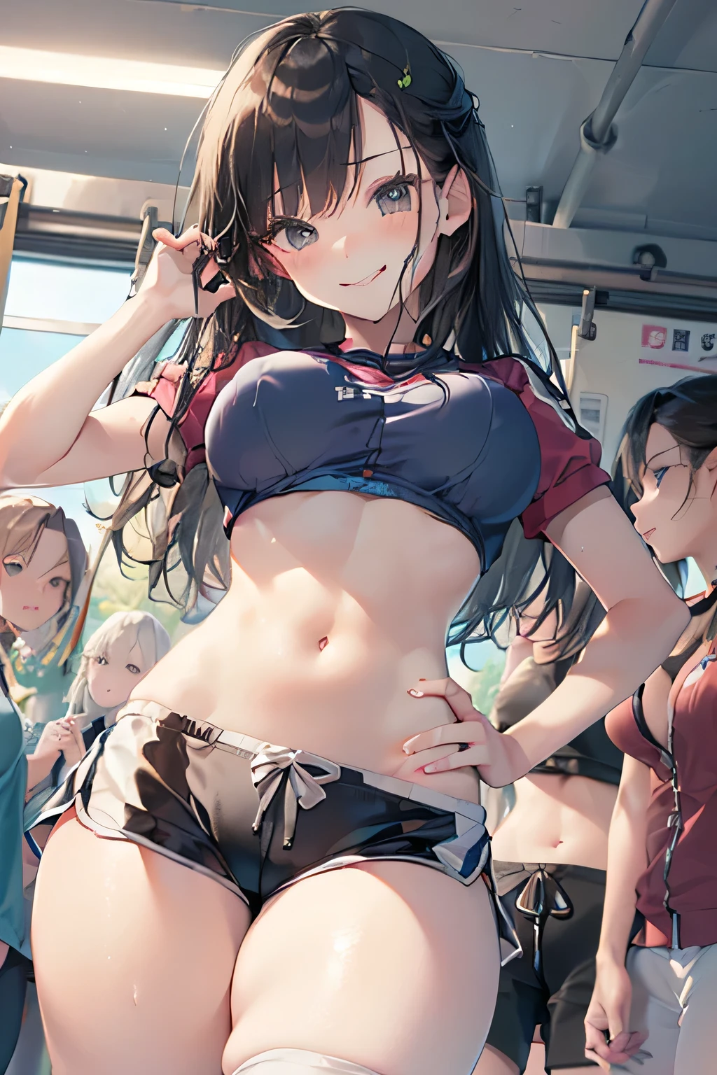  2 women, Black Hair ,s ,(( Junior high school students )),Beautiful breasts,(((Sexy white shiny gym clothes and shorts)))、(((rape:1.5)))、(((balance、 smile with your mouth open )),(((Satin Nariko))),(((  portrait))),( in a crowded train ),White gym uniform and shorts,(((From below)))、(((Breasts massaged by hand)))、(((Put your hands on your hips)))