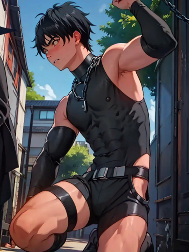  realistic skin　Being thin　Black Hair　naked　 realistic skin　 are raising their arms　Bound in chains　 and the mouth is open　cliff　Long bangs　 skin is visible here and there　 sleepy expression 　Blushing　Cross-eyed　Sleeveless boy　being bound by chains　Chains wrapped around the body　Boy putting pressure on his thighs　 boy in a tight black rubber suit　Kneeling　Black boots　Rear view　boy with visible buttocks 　 Side View 　The boy whose back is visible