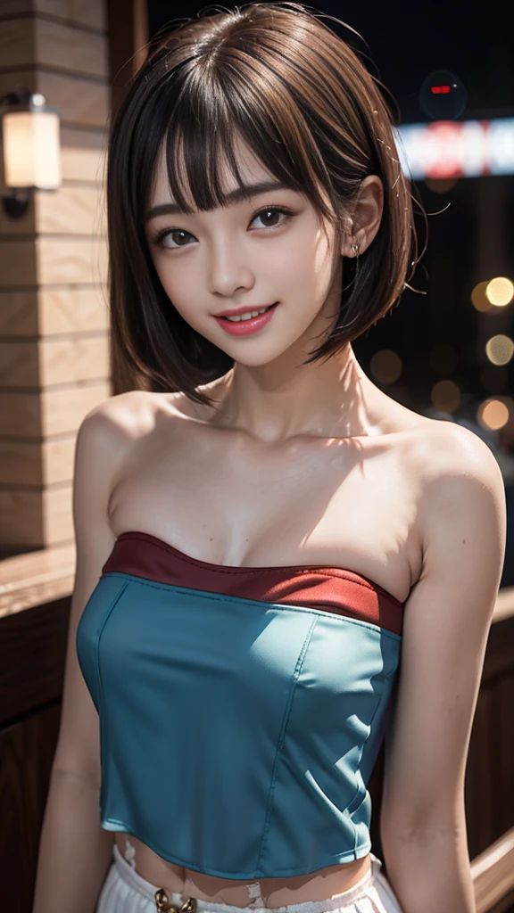 masterpiece,  beautiful girl , Brown eyes、A beautiful,  goddess smile 、((Brighten your face:1.5)、 detailed ,  beautiful eyes , (thin,  strapless camisole :1.7)、( short brown bob hairstyle :1.5)、 highest quality, Ultra A HD, (Reality: 1.4), Original photo, A girl,  cinematic lighting , (laughter:0.6), Asian beauty, South Korea, Appropriate, Really beautiful ,  slightly younger look ,  beautiful skin,Orange Hair、 slim，Wear a  strapless camisole  that flatters yougure:1.6、Night scene background, (超Reality), ( High Resolution ), (8K), (Very  detailed ), ( The best awareness ns ), (Beautiful and  detailed  eyes), (Super  detailed ), (wallpaper), ( detailed  face),  and look at the audience ,  detailed ,  detailed  face、Deep Shadows、Unobtrusive、 pure face ace _v1、46 point diagonal bangs 、 Look straight ahead 、Brown eyes、(dress，Tower Skirt)，