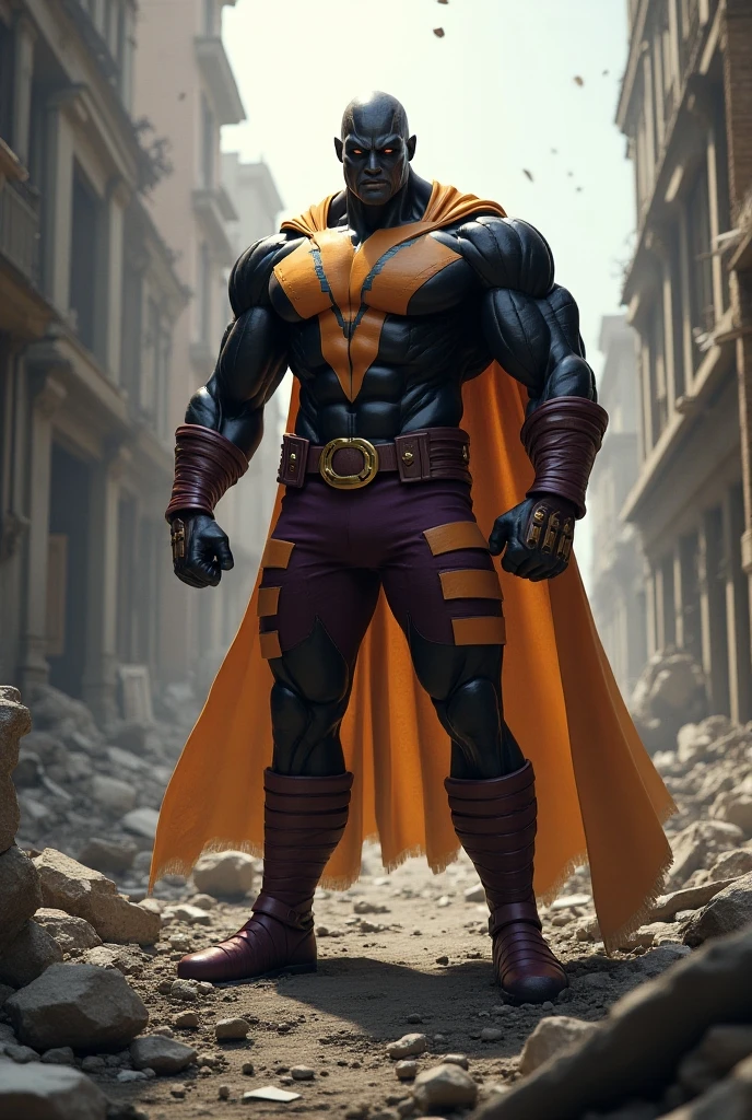 Nuclear man (superpowers, action movie, man, radiation, blonde, costume gold and black. Stylized sun Chest symbol, black cape, cut off sleeves, black arm guards


