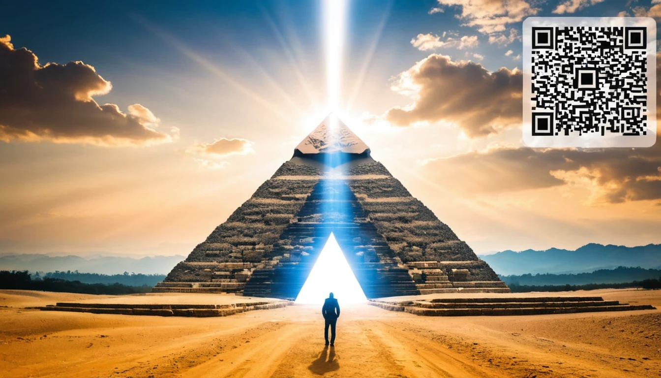  Close with pyramid and QR code ,  called to action

General plan of the pyramid with the QR code,  standing out against a clear sky in shades of gold and blue .  The camera slowly moves away ,  while a beam of light emanates from the pyramid towards the horizon ,  symbolizing the expanding healing power . the text " Request today your quantum pyramid and your personalized QR code "  appears on the image , with a slight glow .  A final flash of light closes the scene ,  inviting action with a touch of mystery and hope .
