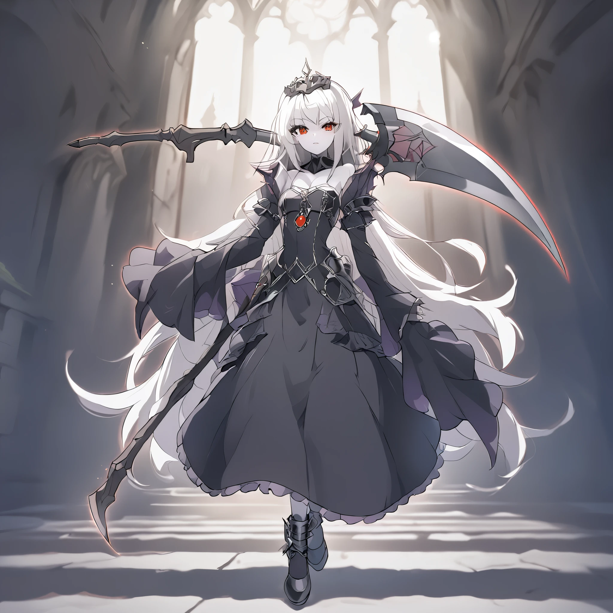 anime girl, solo, 4k absurdres, illustration, yugioh artstyle, glowing outline, gothic ****ta, black clothing, pale skin, white hair, red eyes, dynamic pose, white scythe, holding scythe, cathedral. dynamic lighting