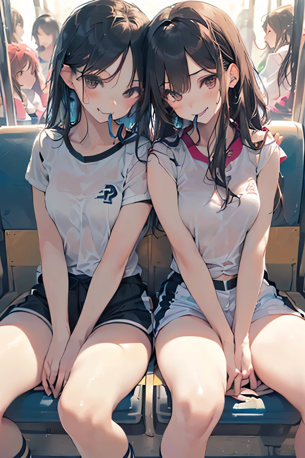  2 women, Black Hair ,s ,(( Junior high school students )),Beautiful breasts,(((Sexy white shiny gym clothes and shorts)))、(((rape:1.5)))、(((balance、 smile with your mouth open )),(((Satin Nariko))),(((  portrait))),( in a crowded train ),White gym uniform and shorts,(((From below)))、(((Two girls hugging:1.5)))、(((Sit on the seat and spread your legs:1.5)))