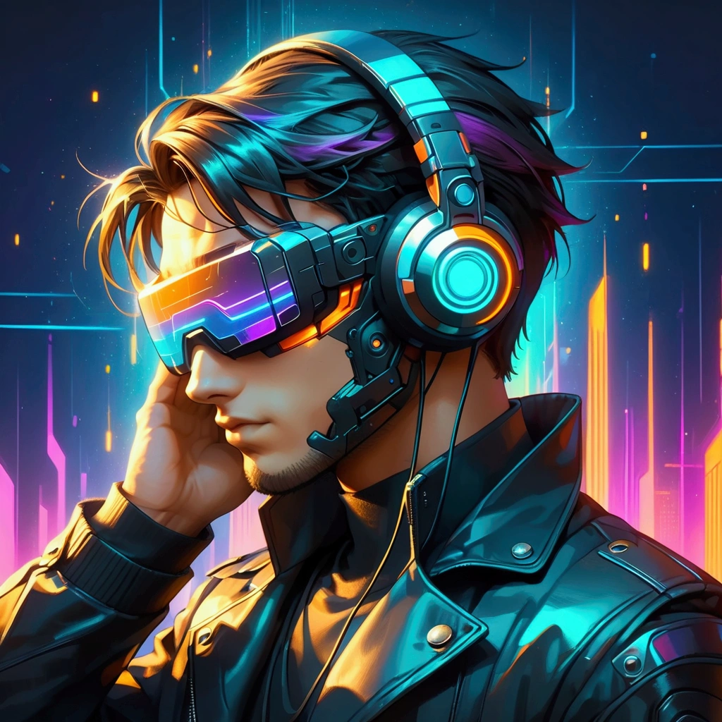 close-up, semi-lateral view, perfect head and face, a man from the future with synthwave style, (male), cyber punk style, ((He wears a futuristic high-necked black jacket with LED lights)), ((without helmet)), ((using headphones listening to music, covering their eyes with futuristic black virtual reality glasses)), One hand on the headphones, with very realistic textures and colors, minimalist, futuristic, with neon light rays and purple lights behind with orange sparkles, ((black background with dark blue and purple gradient)), lights and rays behind, flat illustration, minimalism, simplified, cartoon,