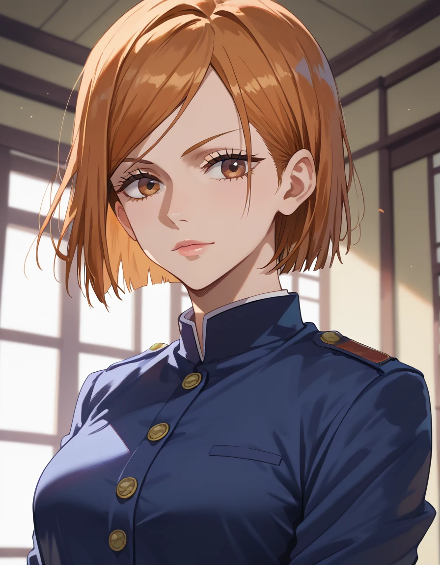 (masterpiece), ( best quality ), ( very detailed ), (Best Illustration), ( BEST SHADOW ), ( absurd), Nohara Kugisakinowa short hair,  Orange Hair , (( Brown Eyes )), Nobara Kugisaki, uniform, One Girl, Alone,  jacket, bangs, gakuran,  mouth,  Long Sleeve ,  browse viewers ,  upper body, Big Breasts
