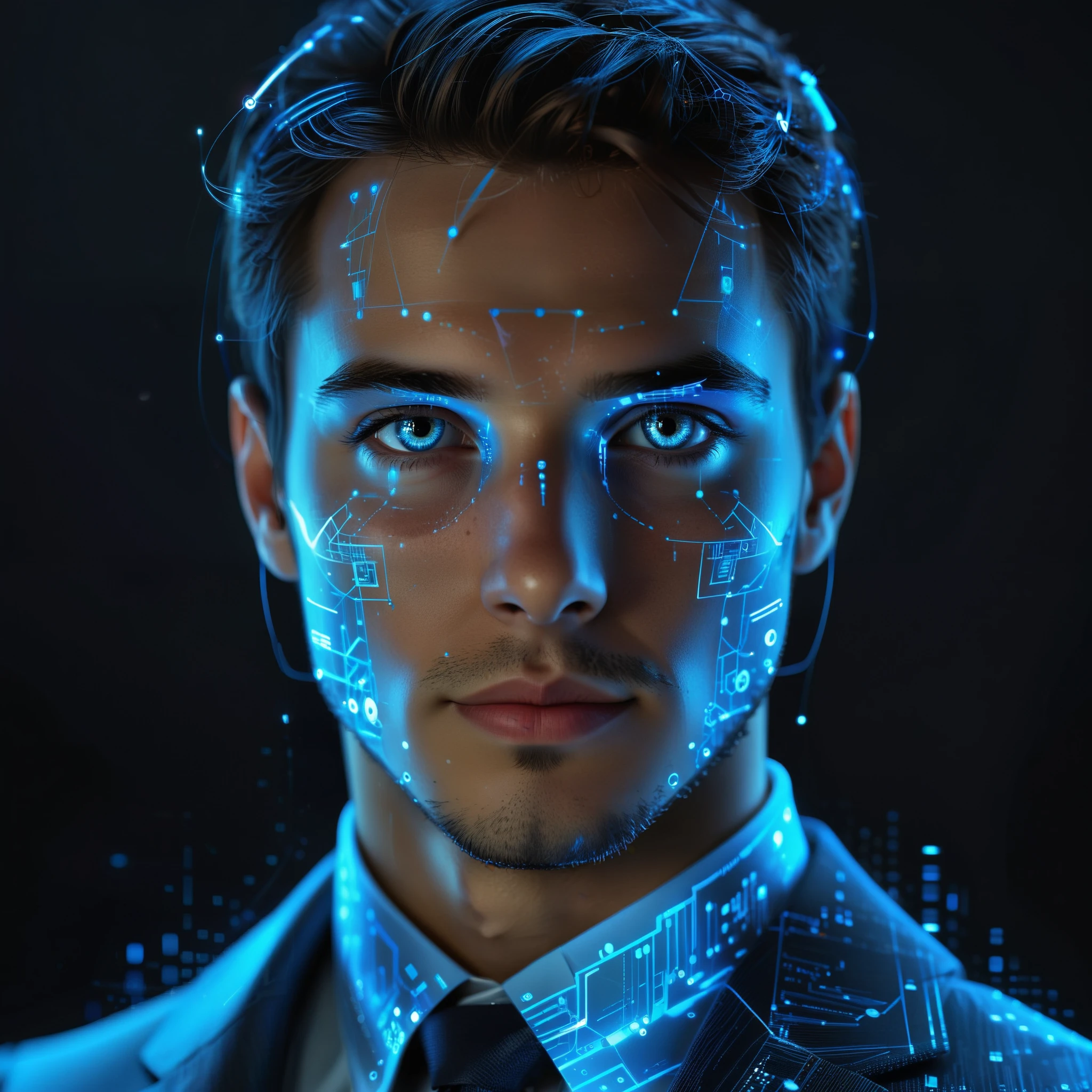 Create a stylish, futuristic avatar that represents an advanced AI that has made millions on the internet. The avatar must be a humanoid with technological characteristics, such as traces of light in shades of blue and silver, and subtle digital details on its body. He should have a confident but approachable appearance, with a slight smile and expressive eyes that convey intelligence and experience. Dress him in sophisticated clothes that mix technology and contemporary style, looking straight