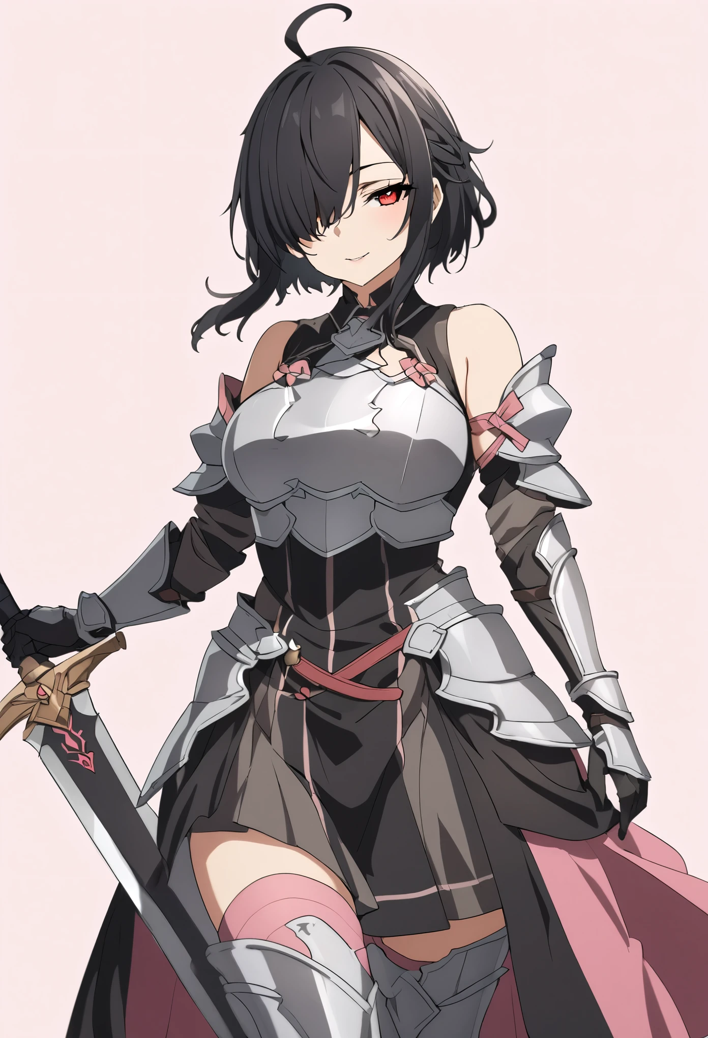 (high-quality, breathtaking),(expressive eyes, perfect face) 1girl, female, solo, mature, half open eyes, Alicization, Symmetrical Eyes, simple background, seductive smile, fantasy outfit, SAO inspired, maomao, armor, sword art online outfit, cowboy shot, medium full shot, black hair color, bangs, alluring red eyes, large breasts, knight attire, Bicep-high Gauntlets, Armored Boots, Thigh-high Heeled Boots, Armored Gauntlets, Adventurer gear, Skirt, black white and pink color palette, black clothes, light pink accents on clothes, hair between eyes, short black hair, half open eyes, hair over one eye, small Ahoge, bright red eye color, short hair, (NO braids in hair)