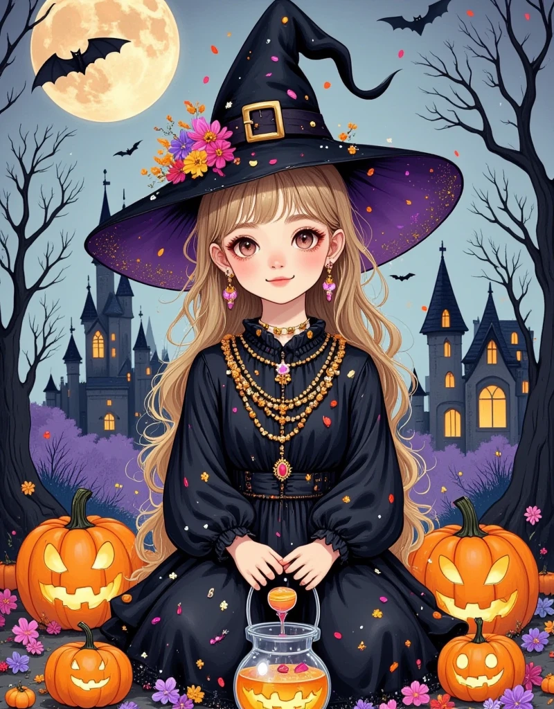 1 Girl，whole body，Sitting，witch hat，Black witch robes，Jewelry，Magic Potion，candy，Surrounded by a basket of pumpkins ，Jack-o&#39;-lantern，Halloween，outdoor，night，Full Moon，bat， The background is a gothic castle， two-dimensional flat cartoon ， hand-painted graffiti ，Minimalism，Line Drawing，Stroke，Smooth lines， with clear strokes ， The shape is cute and simple，High color saturation 