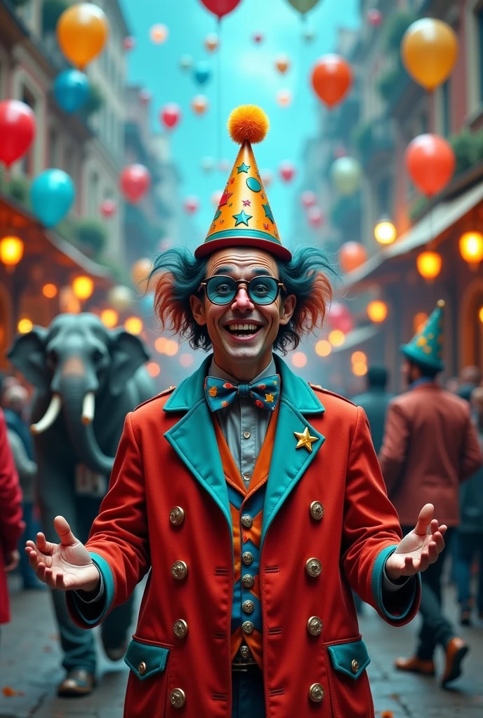 The model is wearing glass sunglasses with stars and the moon on Create a vibrant circus scene filled with joy and laughter. Include a lively clown juggling colorful balls, a playful elephant wearing a party hat, and acrobats performing amazing stunts in the background. Use bright colors and exaggerated expressions to convey a sense of happiness and fun. Add whimsical elements like cotton candy, balloons, and a cheering audience to enhance the festive atmospherethe glass