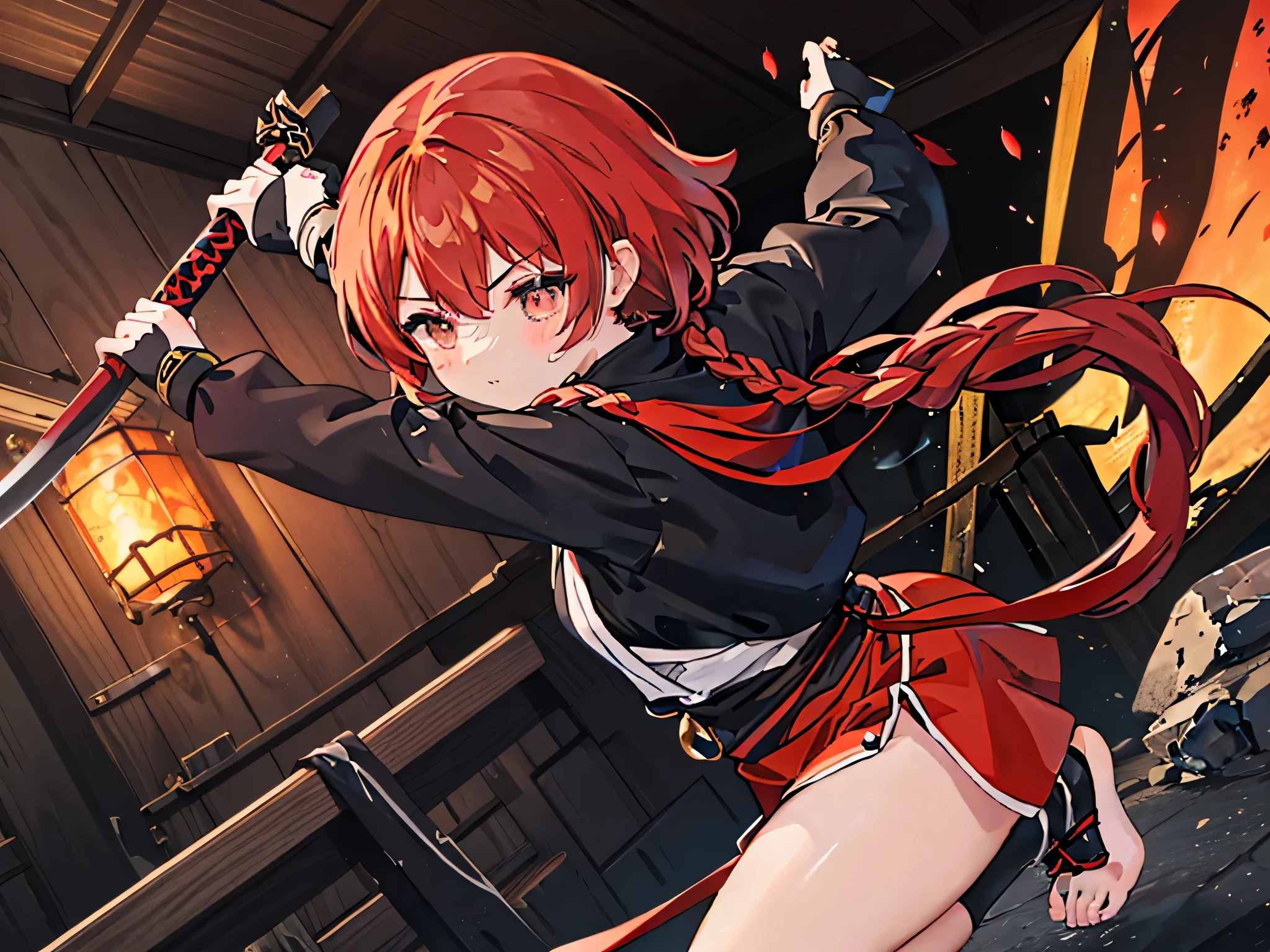 ((4K, masterpiece, Highest quality)),1 girl,(red very short hair,twintail:1.2,pigtail braids,forehead:1.3),yellow odd eye,plump thighs,chubby,(chibi,****),(kunoichi,red ninja costume:1.3),(((detailed hair flow,curly hair,detailed hair knot))),sumi ink painting,A dynamic ,a young ninja woman with piercing yellow eyes, holding a bloodstained katana. She has a fierce expression and is ready for battle, with her hairtied to the side and strands flowing in the wind. The background is minimalistic with splashes of red and orange, emphasizing the dramatic and powerful atmosphere of the scene.fullbody,dynamic angle,dynamic Pause,flying