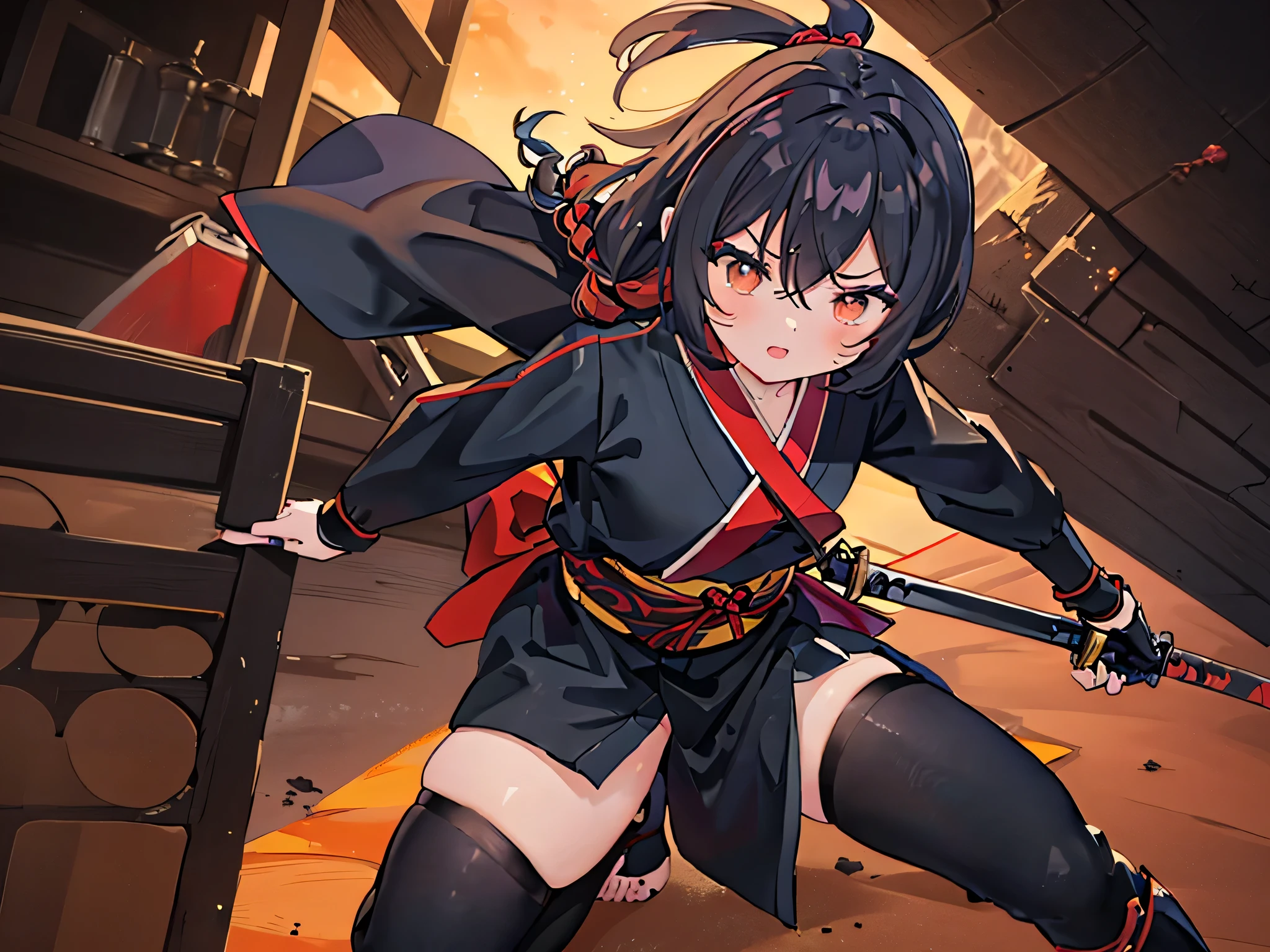 ((4K, masterpiece, Highest quality)),1 girl,(red very short hair,twintail:1.2,pigtail braids,forehead:1.3),yellow odd eye,plump thighs,chubby,(chibi,****),(kunoichi,red ninja costume:1.3),(((detailed hair flow,curly hair,detailed hair knot))),sumi ink painting,A dynamic ,a young ninja woman with piercing yellow eyes, holding a bloodstained katana. She has a fierce expression and is ready for battle, with her hairtied to the side and strands flowing in the wind. The background is minimalistic with splashes of red and orange, emphasizing the dramatic and powerful atmosphere of the scene.fullbody,dynamic angle,flying