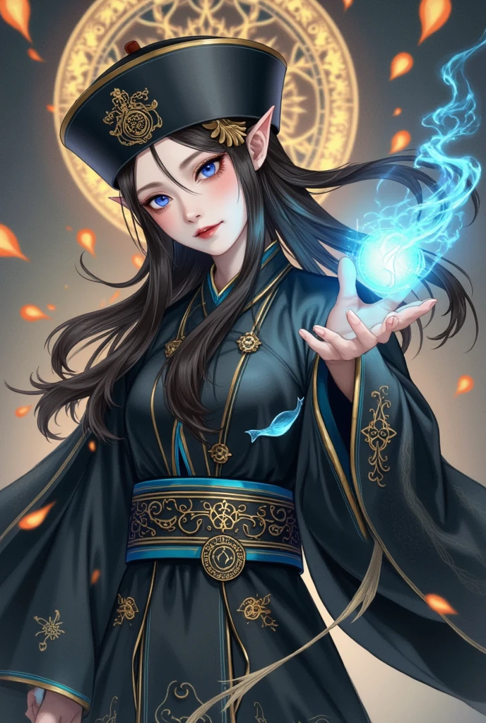   beautiful female Taoist,  beautiful face，Chinese Qing dynasty ，black官服，Official hat，((black， orange runes wafting through the air， glowing blue symbol， dynamic blurry 。)) Detailed Fan Art by Female Mages, Beautiful digital illustrations, Digital Anime Illustration，The human body is properly disassembled