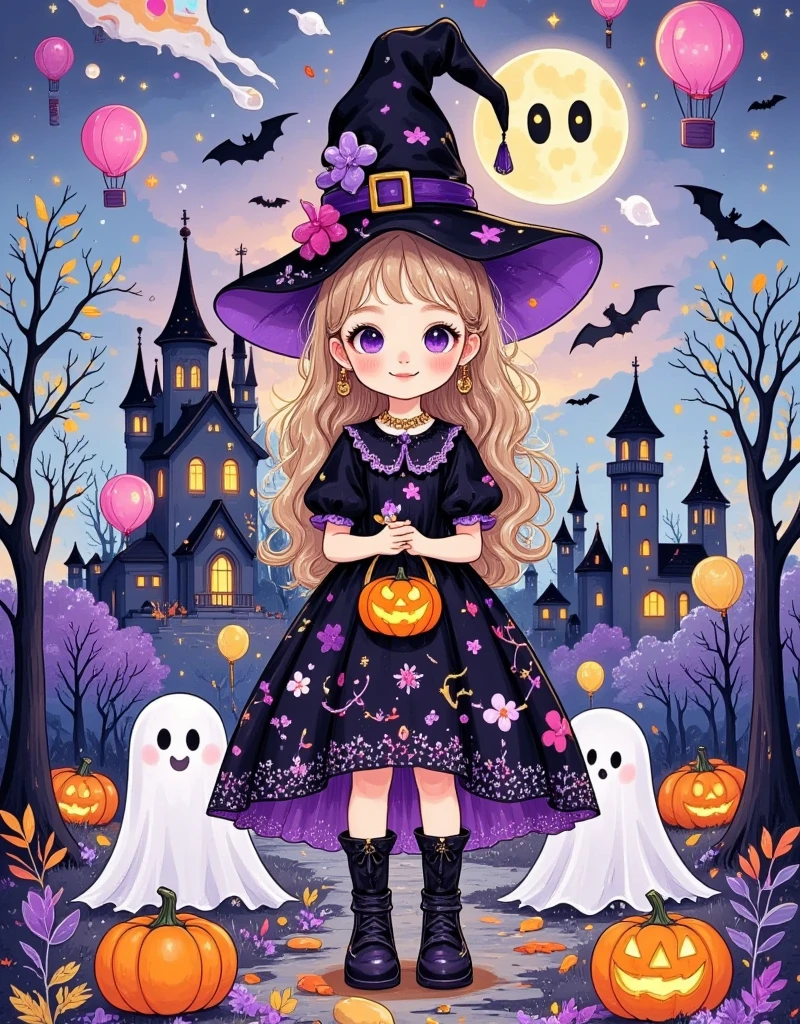 This image is a digital illustration of a city: a Halloween shop. The shop is located in the centre of the image,surrounded by skyscrapers and skyscrapers. The sky is blue and pink hot air balloons float above the shop. In front of the shop there is a little witch wearing a black magic hat and holding a black kitten in her arms,the little witch is smiling and wearing a purple magic cloak with a smiling pumpkin sitting under her buttocks,next to a few white cute ghosts with big eyes and big smiles,in the far distance there is a big yellow moon,and next to the moon there are airships and mysterious planes passing by,and there are also little magical witches riding brooms flying in the sky. Purple atmosphere,revealing the environment of the weird and mysterious,the 's lovely