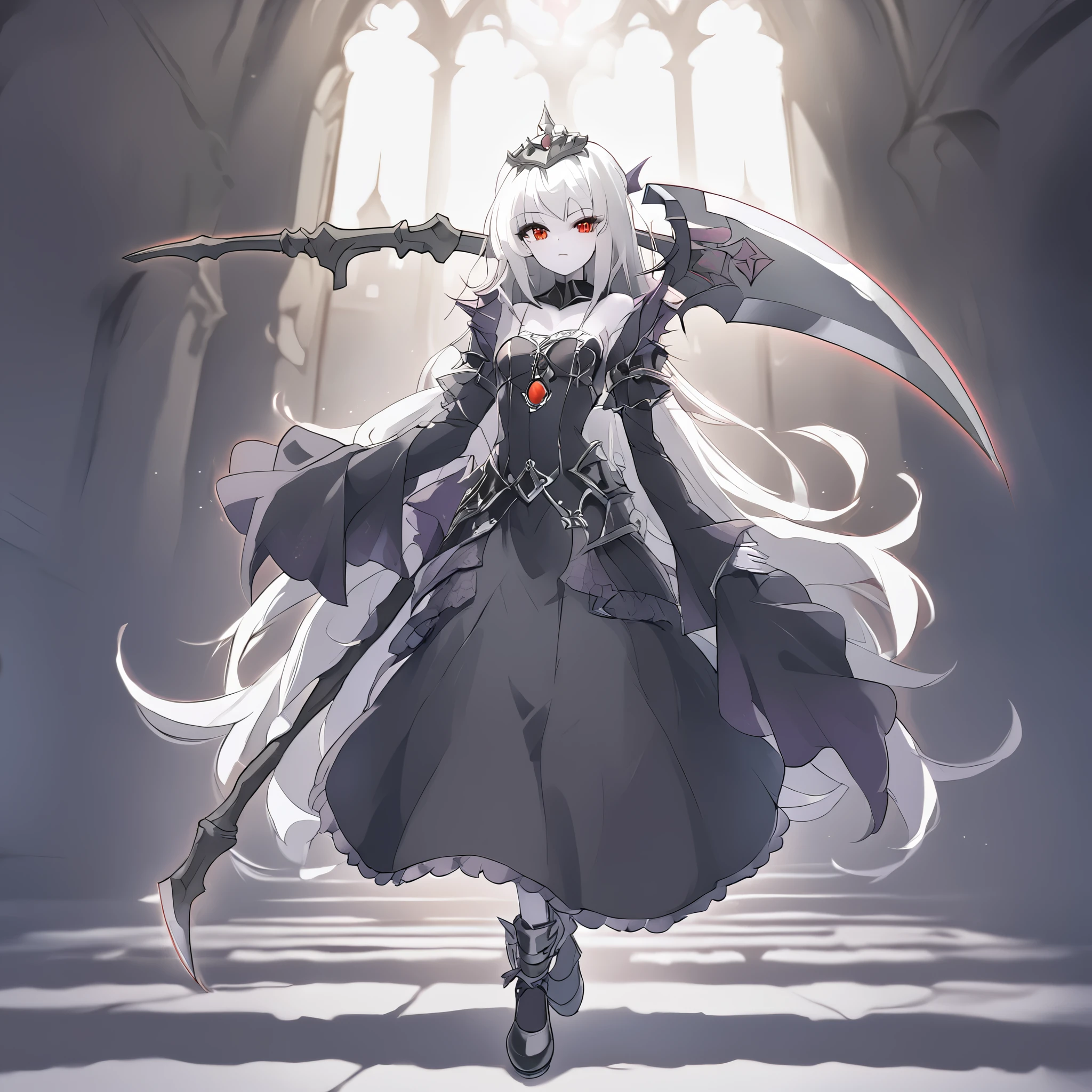 anime girl, solo, 4k absurdres, illustration, yugioh artstyle, glowing outline, gothic ****ta, black clothing, pale skin, white hair, red eyes, dynamic pose, white scythe, holding scythe, cathedral. dynamic lighting