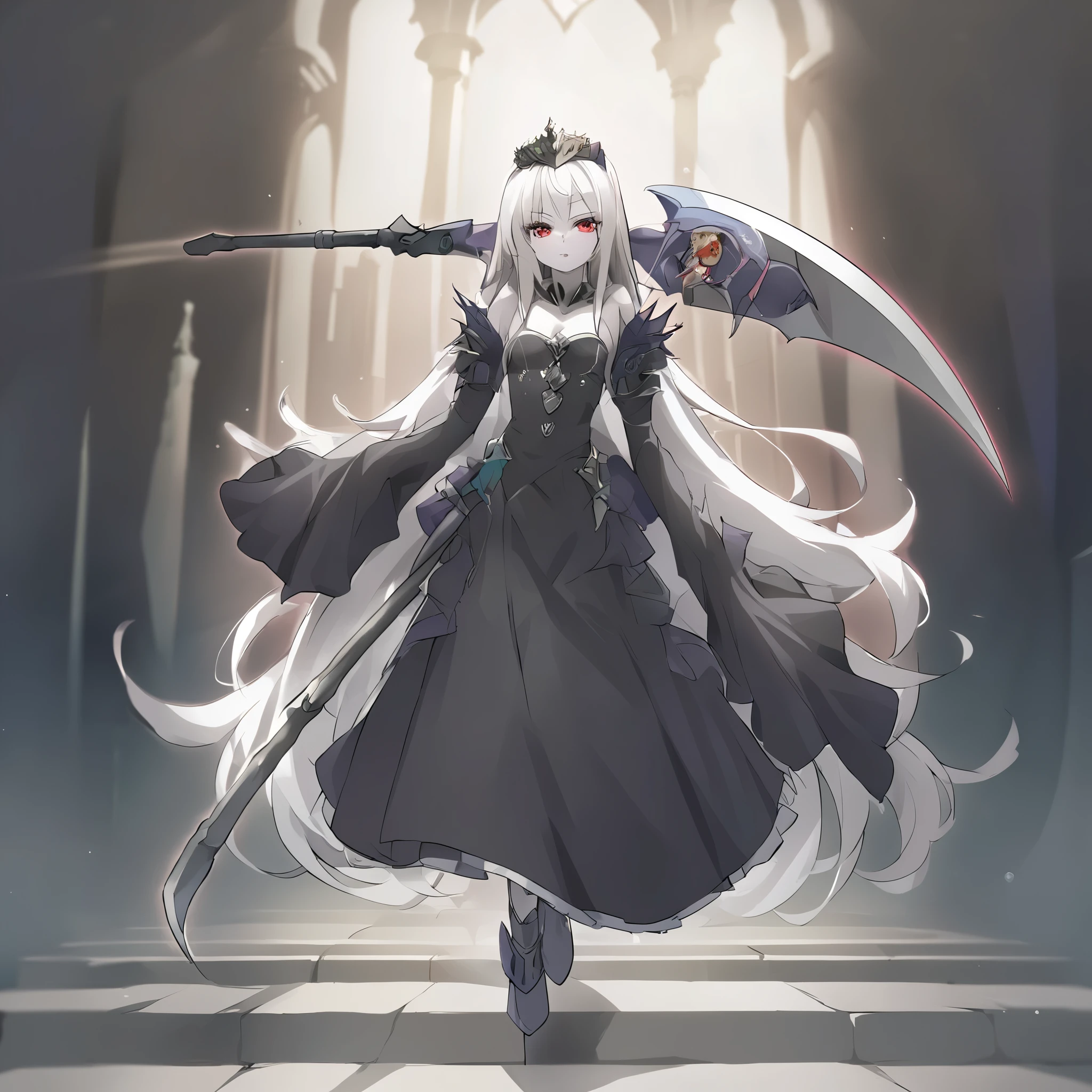 anime girl, solo, 4k absurdres, illustration, yugioh artstyle, glowing outline, gothic ****ta, black clothing, pale skin, white hair, red eyes, dynamic pose, white scythe, holding scythe, cathedral. dynamic lighting