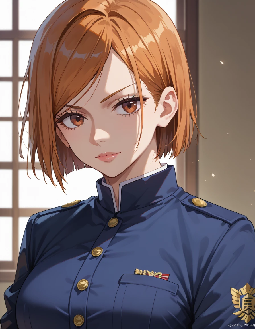 (masterpiece), ( best quality ), ( very detailed ), (Best Illustration), ( BEST SHADOW ), ( absurd), Nohara Kugisakinowa short hair,  Orange Hair , (( Brown Eyes )), Nobara Kugisaki, uniform, One Girl, Alone,  jacket, bangs, gakuran,  mouth,  Long Sleeve ,  browse viewers ,  upper body, Big Breasts、open the front of the shirt