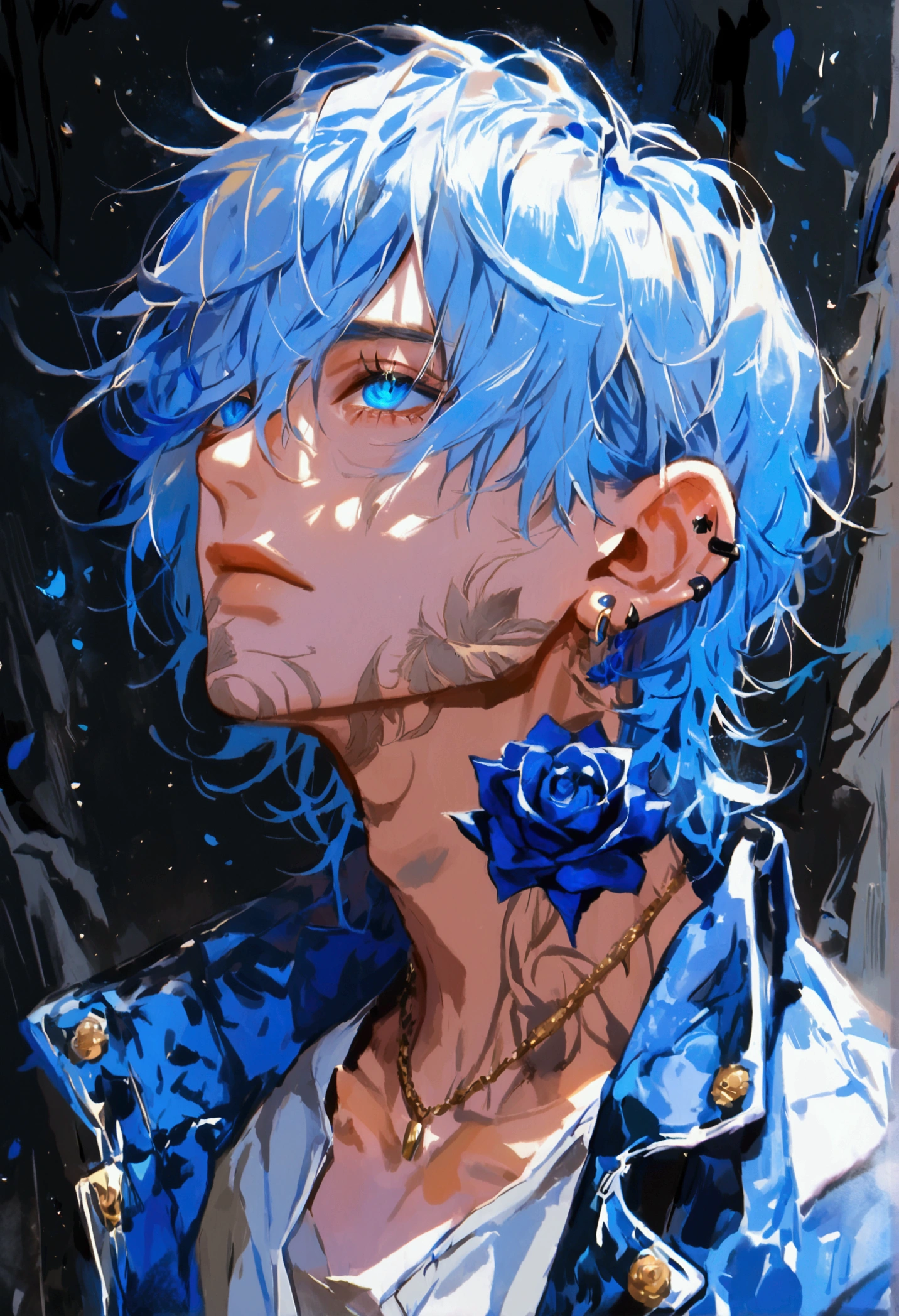 Alone, 1 male,  blond hair with blue inside ,  Fluttering Hair,blue eyes ,   jacket,stylish,,stylish,Ear Piercing, blue rose tattoo on neck ,   Gold Necklace  ,  Oversized shirt , look up with the naked eye ,  black background 