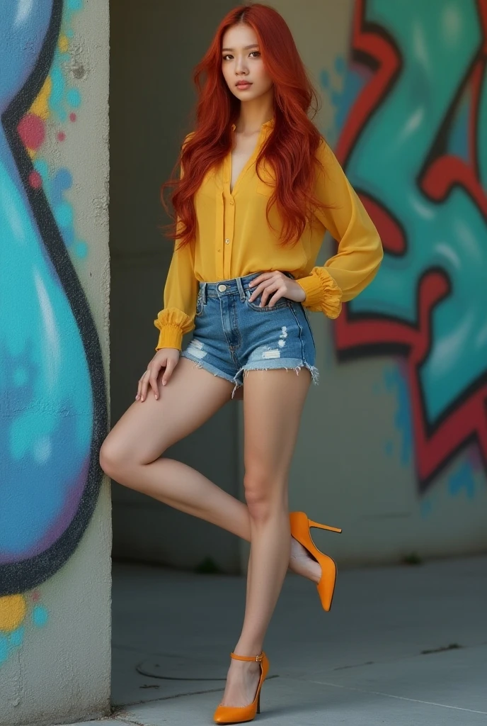 Young sexy girl with red hair, blue colored eyes, top cropped sem mangas na cor teal, com detalhes em azul escuro, and a yellow short-sleeved t-shirt underneath. It matches with slightly flared blue jeans, with stars on the lower legs. Her shoes are yellow sandals with heels. 