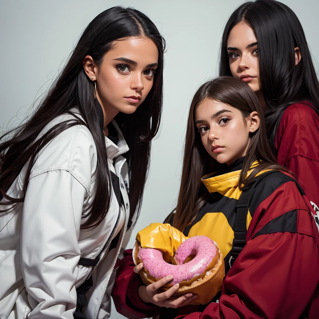 there is a young girl with long hair holding a donut, Alanis Guillen, lorena avarez, She is about 1 , violet myers, Estefania Villegas Burgos, taken in the early 2020s , frontal portrait of a girl, Karla Ortiz, student, Julia Fuentes, by Queen Rochin, young girl, 8k en alta resolución