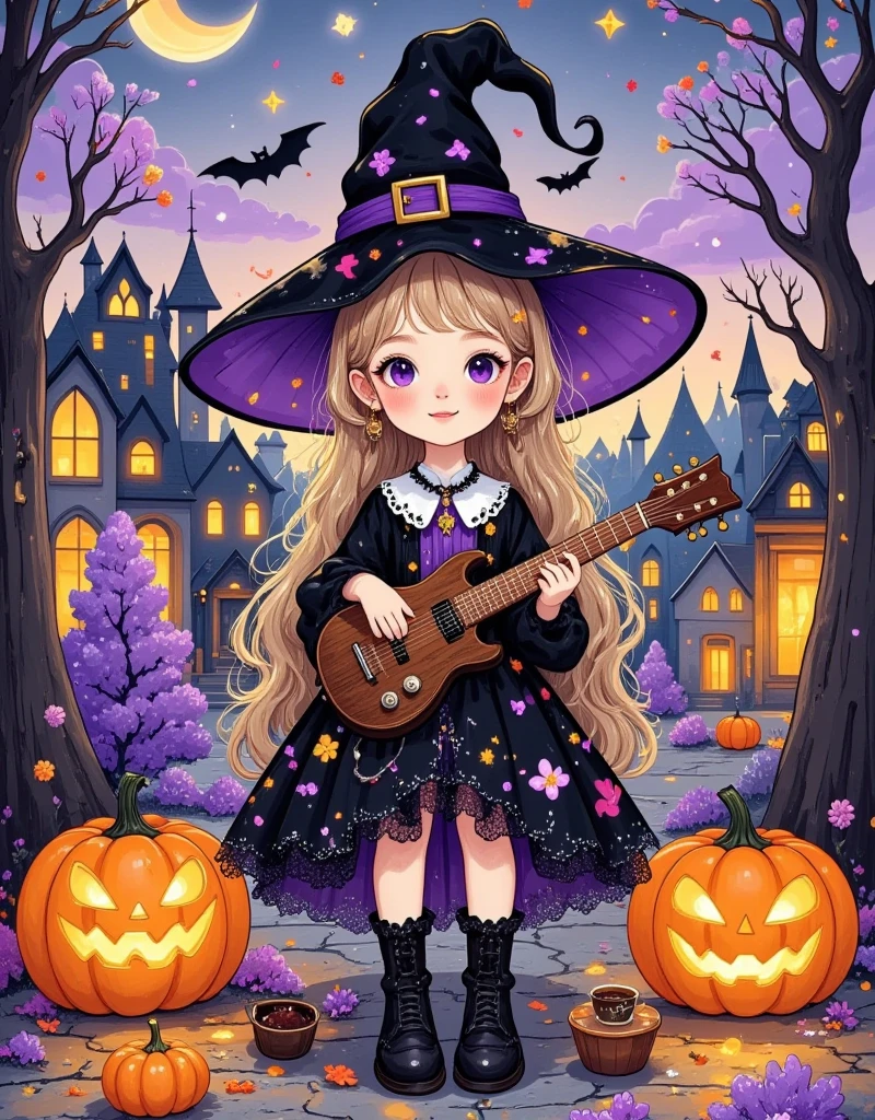 A magical witch holding an electric guitar, sitting in a cafe drinking coffee on a Halloween night filled with hazy light, The streets are vibrant,and the surroundings exhibit a game art style, The entire scene is imbued with a dreamlike atmosphere, Cartoonish style, Background features bold "Halloween" neon lights, character illumination, Fairy tale romance, starry sky shimmering, High quality, ultra-detailed, vivid colors, agical, enchanting, Q version style,  two-dimensional flat cartoon ， hand-painted graffiti ，Minimalism，Line Drawing，Stroke，Smooth lines， with clear strokes ， The shape is cute and simple，High color saturation 