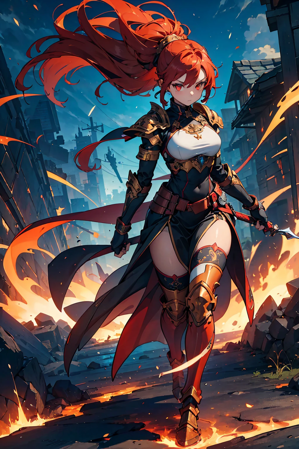 (((masterpiece, best quality, high detailed, 16k))) (1girl) A strikingly beautiful female master of flames with long, fiery red hair tied back in a high ponytail, her fierce presence commanding the battlefield. She wears an asymmetrical armor, with one arm and shoulder heavily armored in molten steel, the other exposed, revealing toned, fiery skin that radiates heat. Her armor is sleek yet rugged, glowing with embers, and adorned with flame-like designs. Her slender, athletic frame exudes strength and grace, as flames swirl around her body, reflecting her mastery of fire. Her piercing eyes burn with intensity, and her aura is both intimidating and captivating. ((full body front view)), ((extremely detailed)).