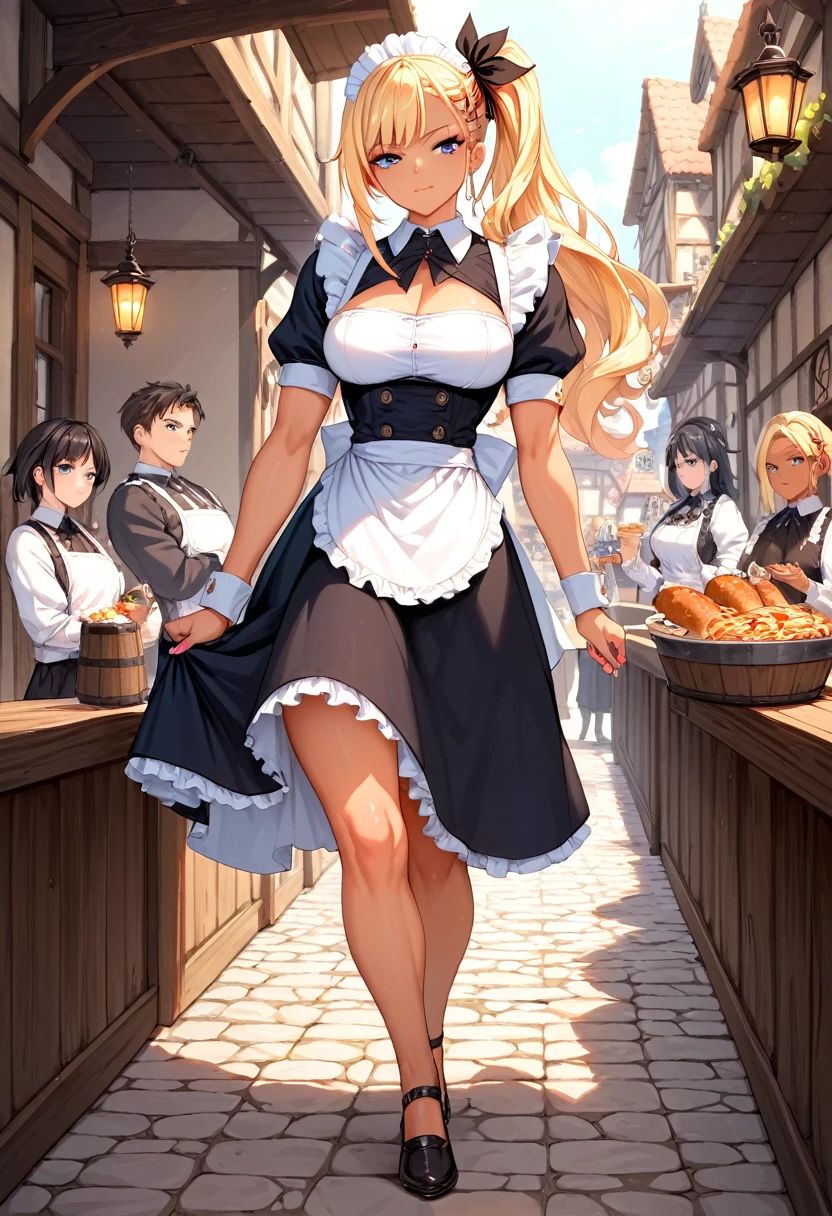 Score_9, Score_8_up, Score_7_up, Score_6_up, Score_5_up, Score_4_up, Source_anime, Tag1, Tag2, quality_masterpiece, Anatomically correct, Thick muscular legs, Long hair, blonde hair, side ponytail, black hair ribbon, blue eyes, 1girl, maid, standing, medieval tavern, sulking, walking, maid carrying food, closed mouth gyaru, costume, tteaw,