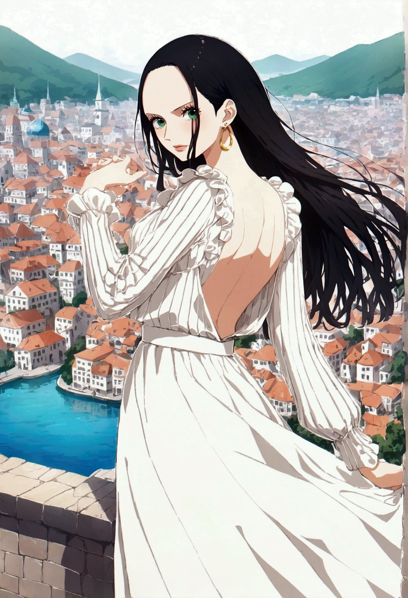  Female character from One Piece, water green eyes,  long straight black hair  , Long FRINGE,   small breasts ,   gold earrings up to the ear   , white long sleeve knitted blouse with bare back,  long skirt with slit  ,   flip gently to look back   ,    against the background of a sunny port city    