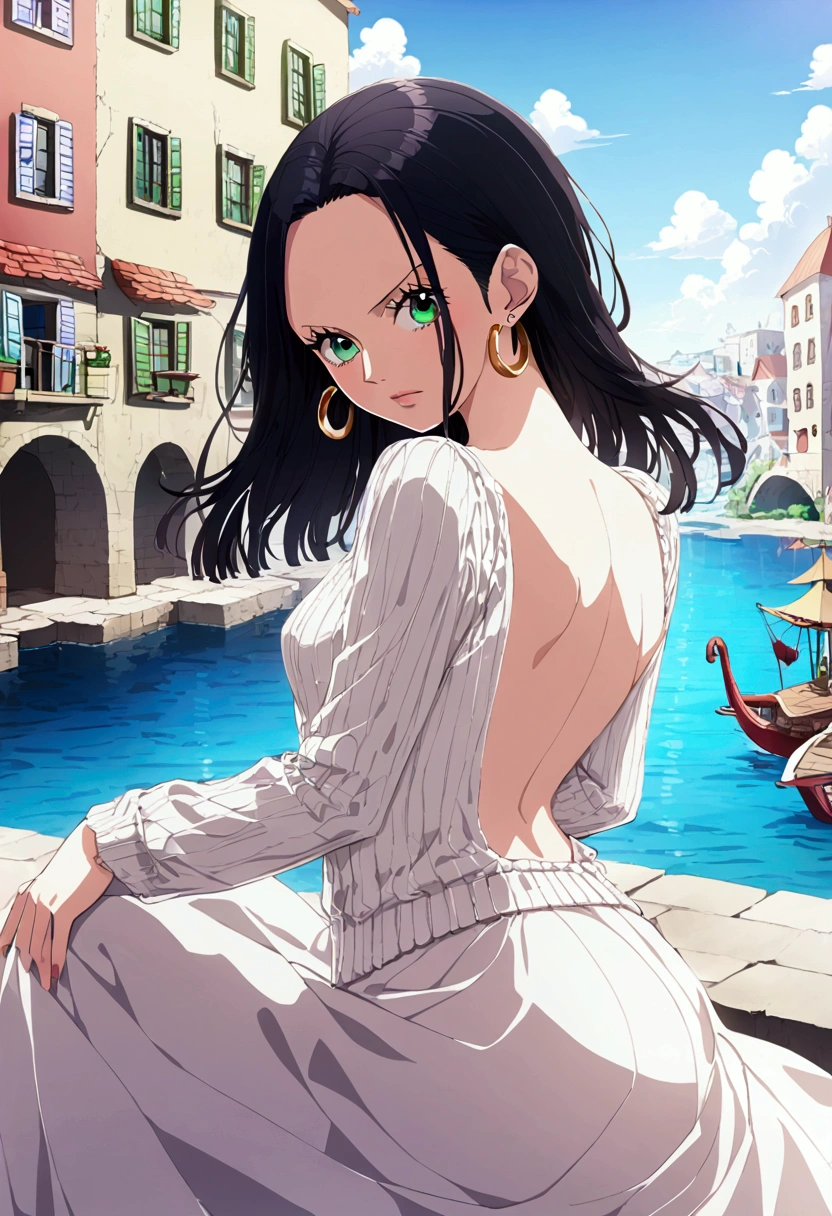  Female character from One Piece, water green eyes,  long straight black hair  , Long FRINGE,   small breasts ,   gold earrings up to the ear   , white long sleeve knitted blouse with bare back,  long skirt with slit  ,   flip gently to look back   ,    against the background of a sunny port city    