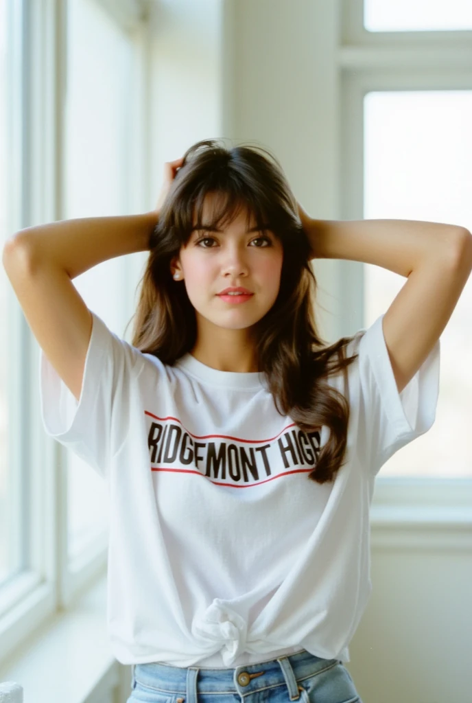 (portrait photo: 1.2) girls in white T-shirt, restaurant background, with warm lighting