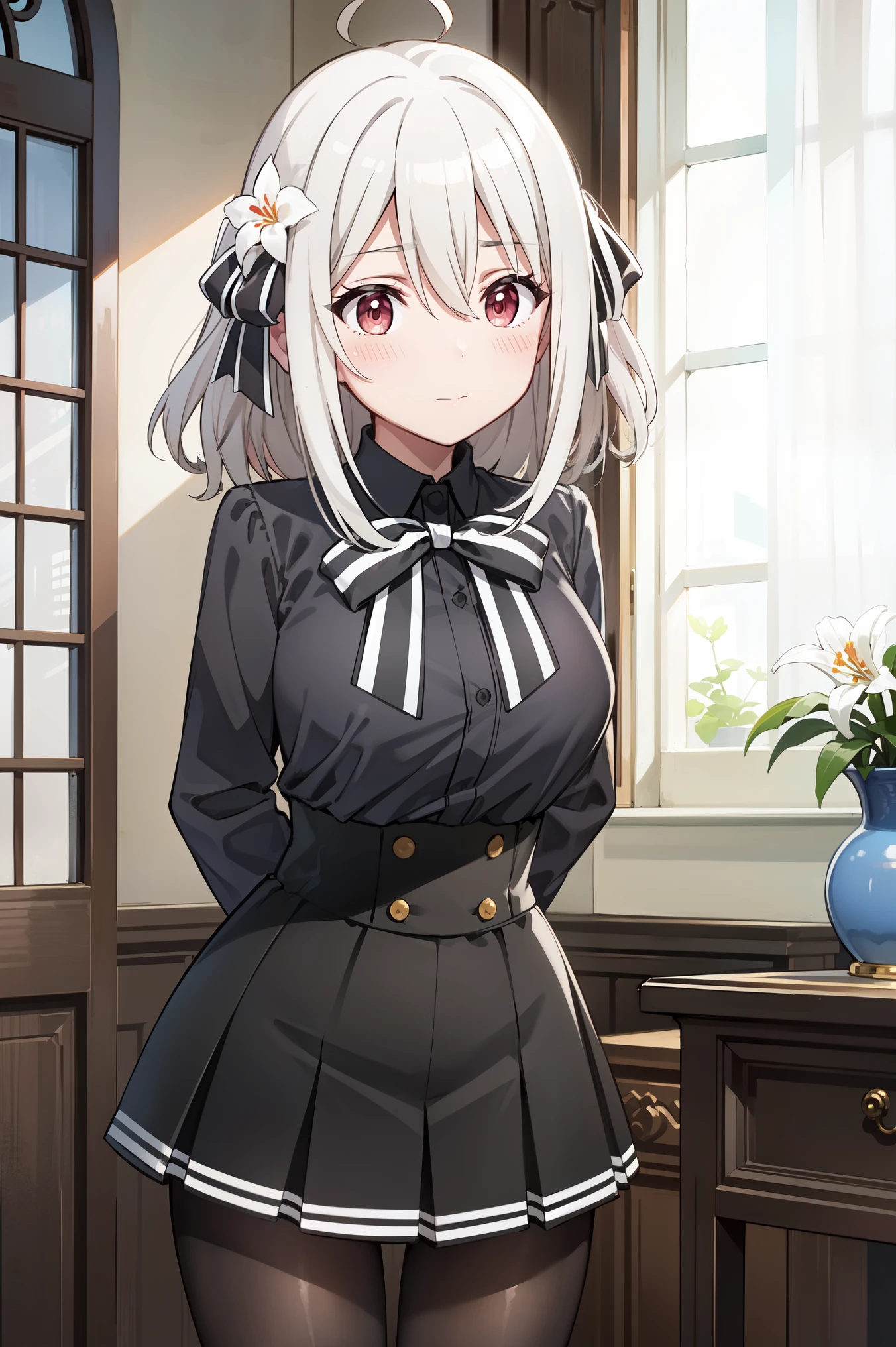 lily, lily_olis, perfect face, thighs, breasts, white hair, hair between eyes, hair ribbon, red eyes, black shirt, high-waist skirt, skirt, black skirt, bowtie, boots, black ribbon, neck ribbon, striped bow, black and white bow, pantyhose, blush, indoor, Antique furniture, Arms folded behind back, Leaning forward, shy, blush, closed mouth, cowboy shot, best quality, UHD