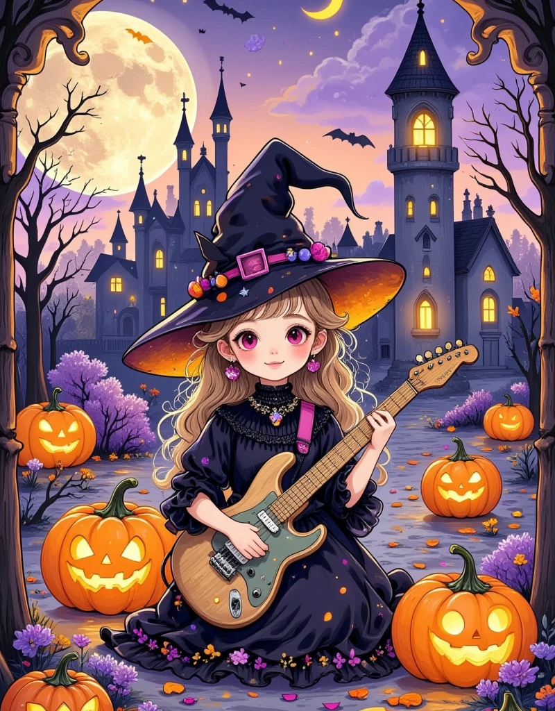 A magical witch holding an electric guitar, sitting in a cafe drinking coffee on a Halloween night filled with hazy light, The streets are vibrant,and the surroundings exhibit a game art style, The entire scene is imbued with a dreamlike atmosphere, Cartoonish style, Background features bold "Halloween" neon lights, character illumination, Fairy tale romance, starry sky shimmering, High quality, ultra-detailed, vivid colors, agical, enchanting, Q version style,  two-dimensional flat cartoon ， hand-painted graffiti ，Minimalism，Line Drawing，Stroke，Smooth lines， with clear strokes ， The shape is cute and simple，High color saturation 