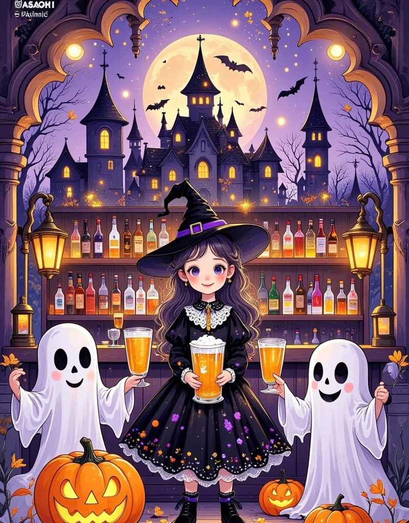 In a vibrant bar, a group of mischievous ghosts and a man gather to raise their glasses in a toast. The atmosphere is electric with Halloween revelry, as they savor the crisp taste of Asahi Japanese beer. The Pixar-inspired scene bursts with Ultra-detailed masterpieces: candles flicker, lanterns glow, and jack-o'-lantern smiles playfully amidst cobweb-covered decorations. Spirits mingle, laughing and chatting as the bartender expertly crafts a bewitching brew. Display Aaahi beer prominently