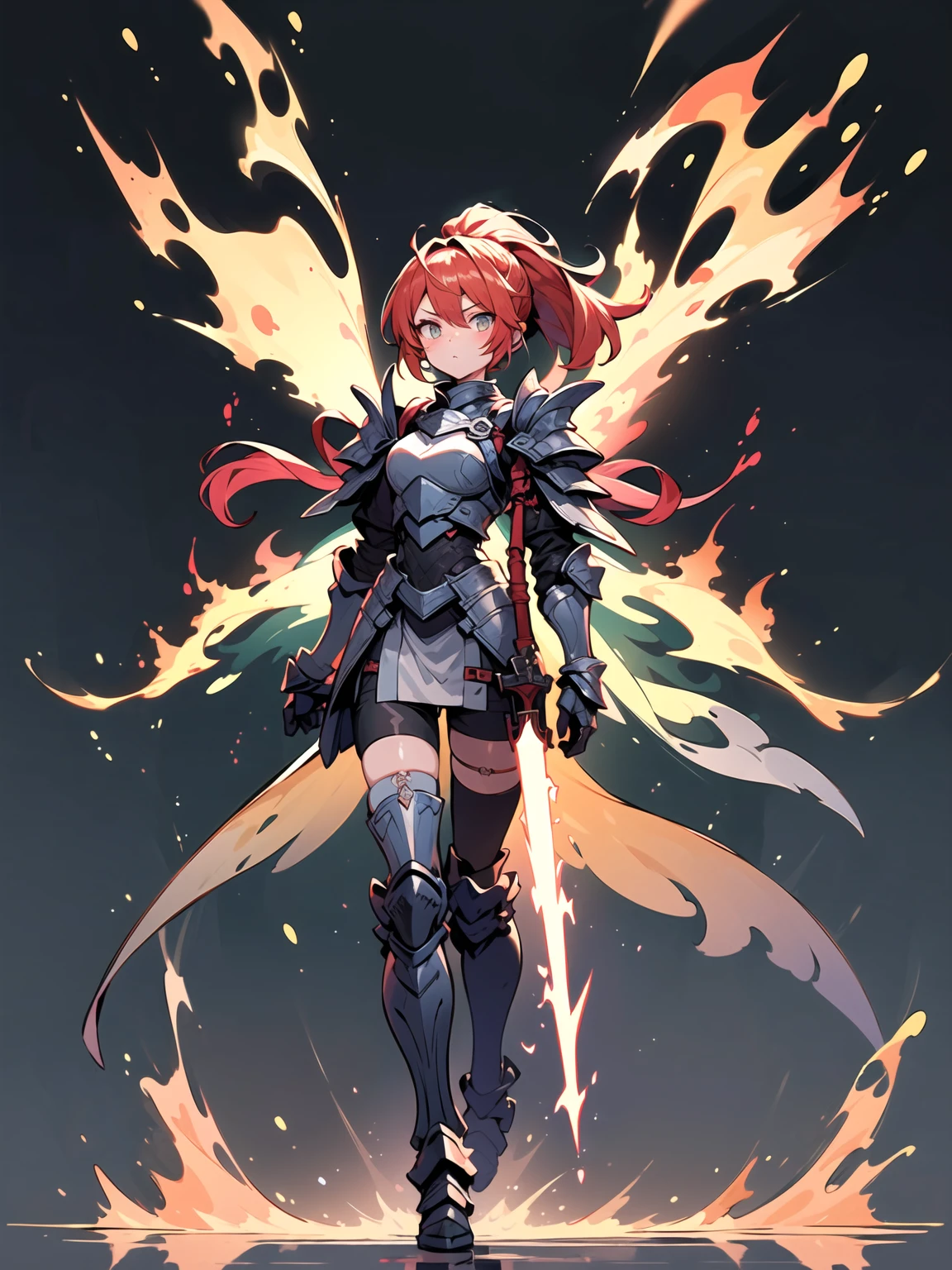 A beautiful Women, absurdres, ((full body armor, shining armor, knight leg armor, boot armor, fire knight )), ((holding a weapon)) , perfect body figure, red color hair, ponytail hairstyle, fire magic, fire manipulation, burning power, firebeam attacks, aura of warmth, gentle expression, smile, very big breast, very big ass, age 39, middle age, photo manipulation, altered realities, fantastical scenes, digital artistry, creative editing, evocative narratives, striking visuals , kinetic art, moving sculptures, mechanical creations, interactive installations, dynamic motion, engineering ingenuity, captivating visuals, ((Highest quality)), ((outstanding detail)), ((super high resolution: 3.5)), (fidelity: 1.4), ((best illustration, favor details, perfect detail rendering, ultra HD, masterpiece, ultra high res)), (photorealistic:1.5), raw photo, perfect brightness and darkness, light ray, perfect balance, smooth color transition, full body frame, shining light, black and red color armor, fire body aura, red coat, Full detail armor design, crown, shining eyes, blue eyes, mature, perfect color layer, pose, domineering, red scarf, royalty, majestic, night, Empress, wind blowing, breeze, perfect color blur, calm, perfect lighting, burning red color crown, fire color mantle, halo red light, movement motion, wings made from the fire