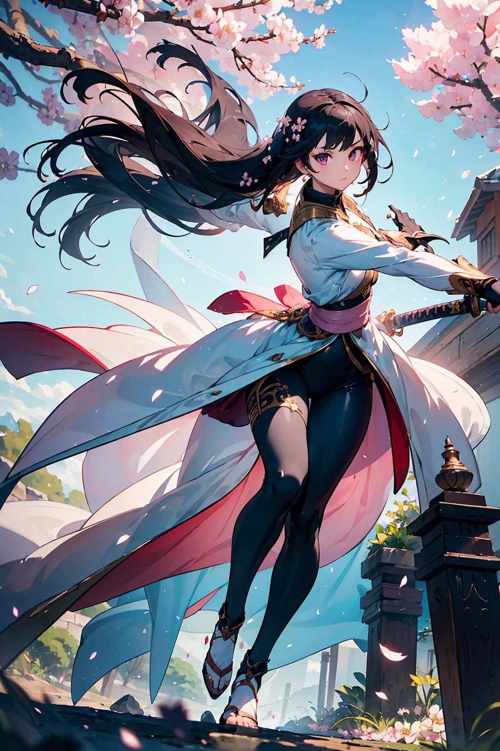 (((masterpiece, best quality, high detailed, 16k))) (1girl) A breathtakingly beautiful female swordmaster with short, dark hair that frames her delicate yet fierce features. Her armor is light and agile, designed for speed, with shades of white and soft cherry blossom pink, reminiscent of the spring wind. Her movements are swift, graceful, and almost ethereal, as if she dances with the wind itself. She wields an elegant katana, the blade flashing with each movement, as petals of cherry blossoms swirl around her. Her slender frame is a perfect balance of beauty and lethality, her piercing gaze focused on her target. ((full body front view)), ((extremely detailed)).