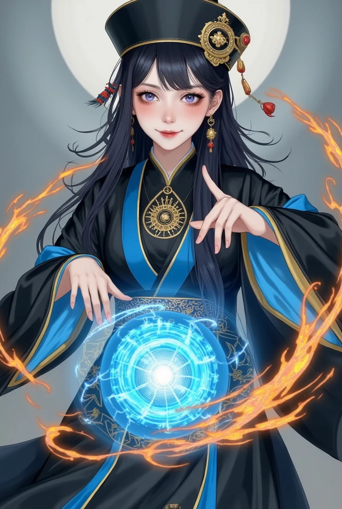  A beautiful female Taoist casting a spell,  beautiful face，Chinese Qing dynasty ，black官服，Official hat，((black，compass， orange runes wafting through the air， glowing blue symbol， dynamic blurry 。)) Detailed Fan Art by Female Mages, Beautiful digital illustrations, Digital Anime Illustration，The human body is properly disassembled