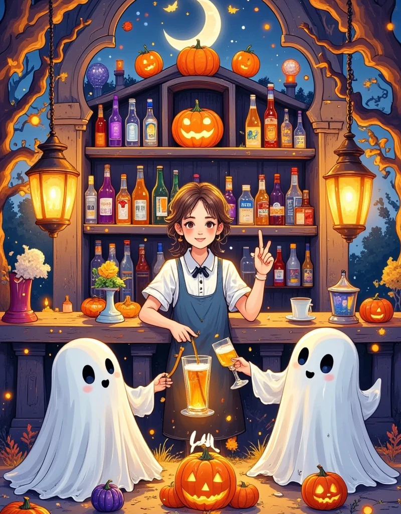 In a vibrant bar, a group of mischievous ghosts and a man gather to raise their glasses in a toast. The atmosphere is electric with Halloween revelry, as they savor the crisp taste of Asahi Japanese beer. The Pixar-inspired scene bursts with Ultra-detailed masterpieces: candles flicker, lanterns glow, and jack-o'-lantern smiles playfully amidst cobweb-covered decorations. Spirits mingle, laughing and chatting as the bartender expertly crafts a bewitching brew. Display Aaahi beer prominently