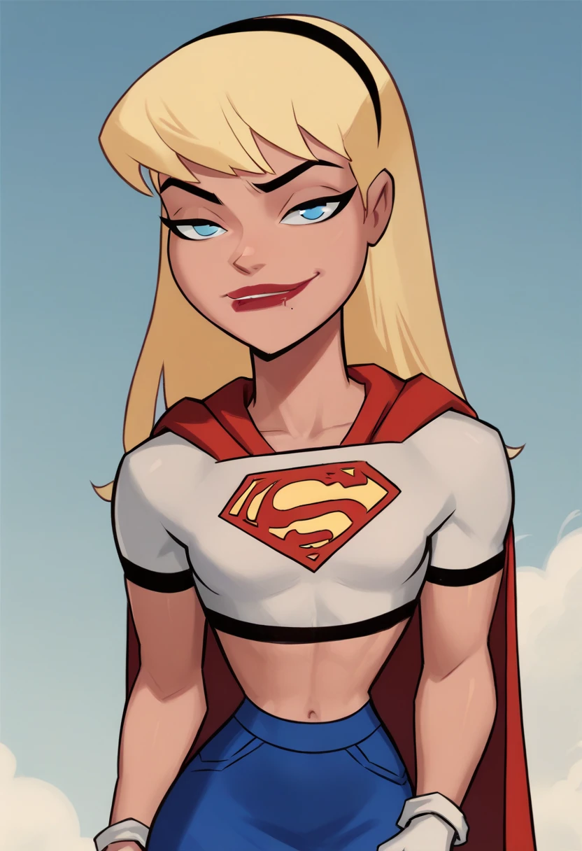 1girl, supergirl, blonde hair, long hair, hairband, blue eyes, makeup, lipstick, white gloves, red cape, blue skirt, white crop top, smug, standing, portrait, 