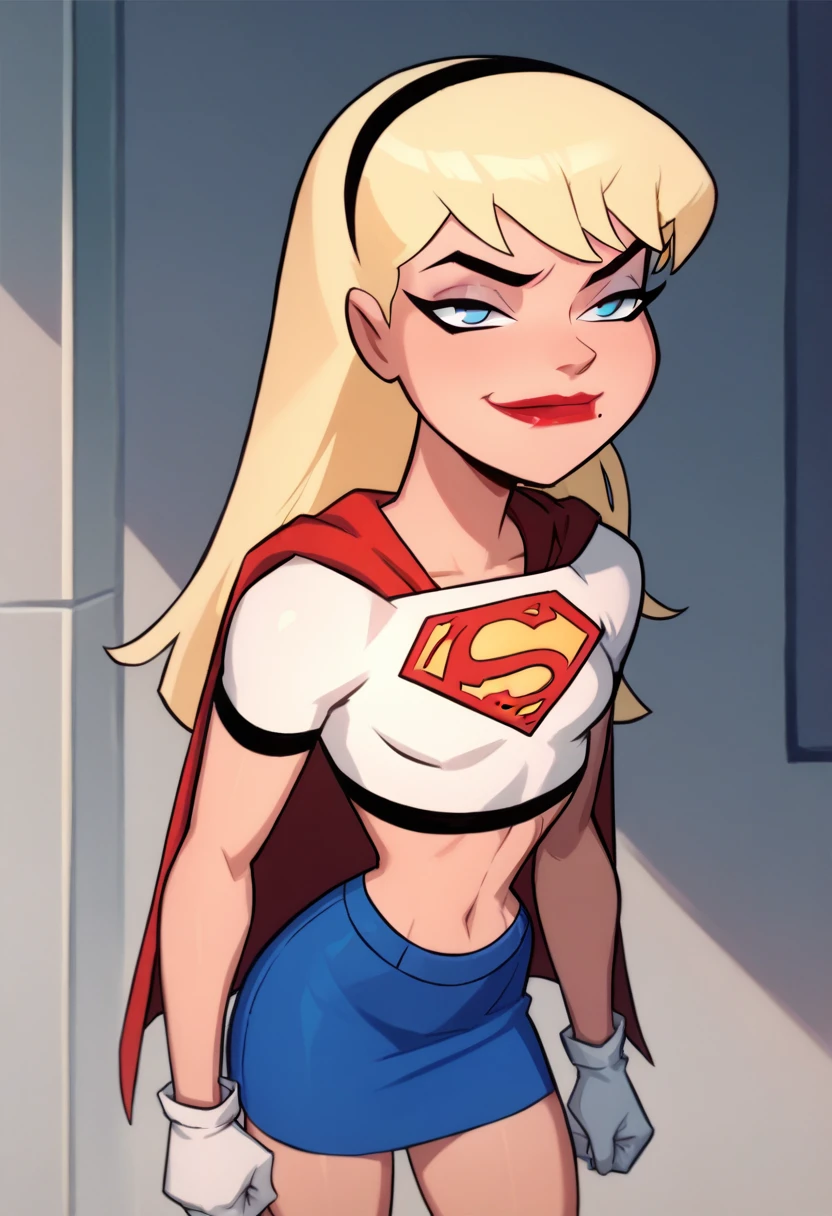 1girl, supergirl, blonde hair, long hair, hairband, blue eyes, makeup, lipstick, white gloves, red cape, blue skirt, white crop top, smug, standing, portrait, 